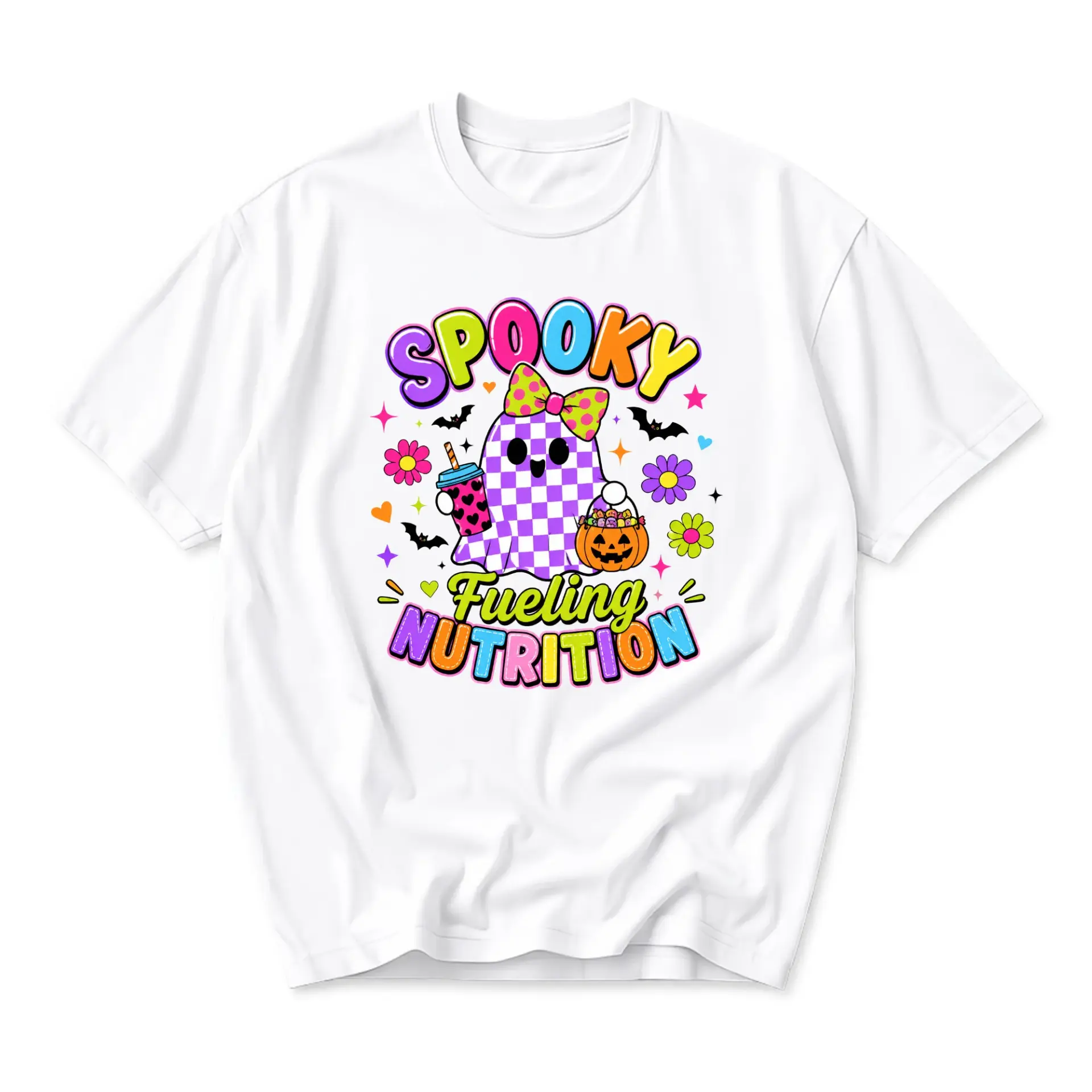 T-shirt Spooky Fueling Nutrition Graphic Tee Retro Checkered Ghost Design Unisex Crew Neck Casual Cotton Shirt
