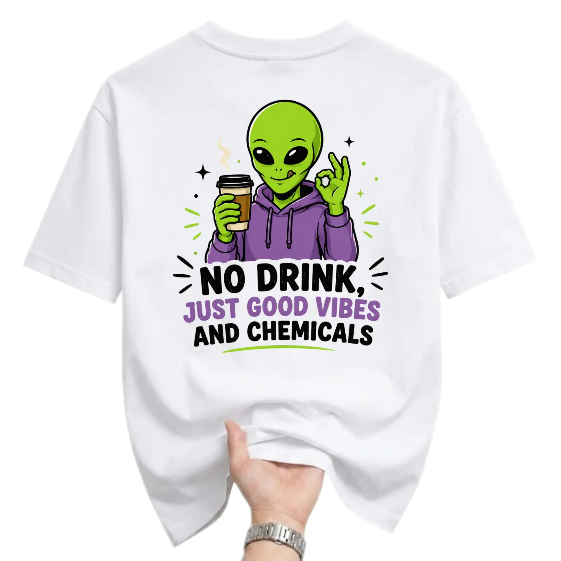 Funny Shirt Unisex Graphic Printed T-Shirt Featuring a Relaxed Alien Character with Coffee and Humorous Text