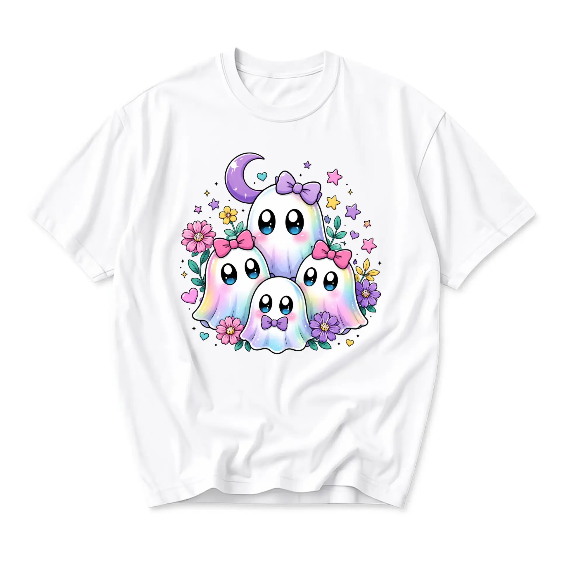 Graphic Tee Cute Pastel Ghost Family Illustration Aesthetic Artistic Unisex Crew Neck Short Sleeve Casual Cotton T-Shirt