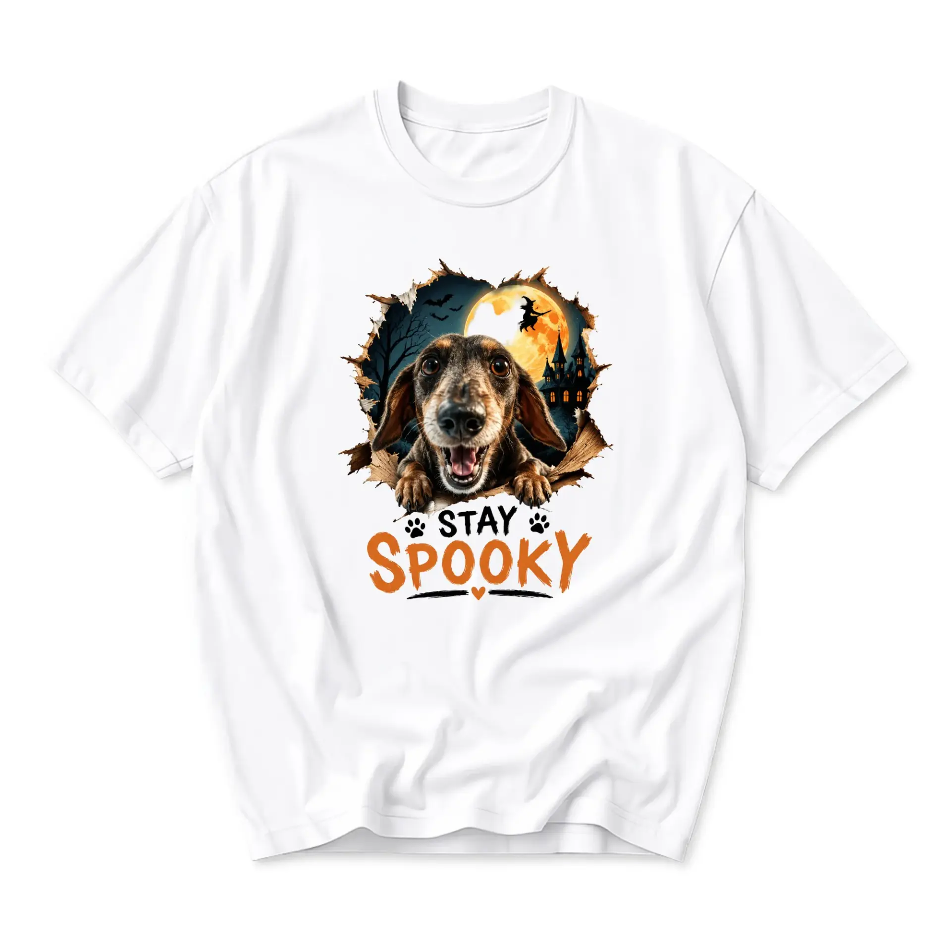 Funny Shirt Stay Spooky Halloween Dachshund Graphic Tee Unisex Crew Neck Casual Cotton Blend Soft Everyday Apparel