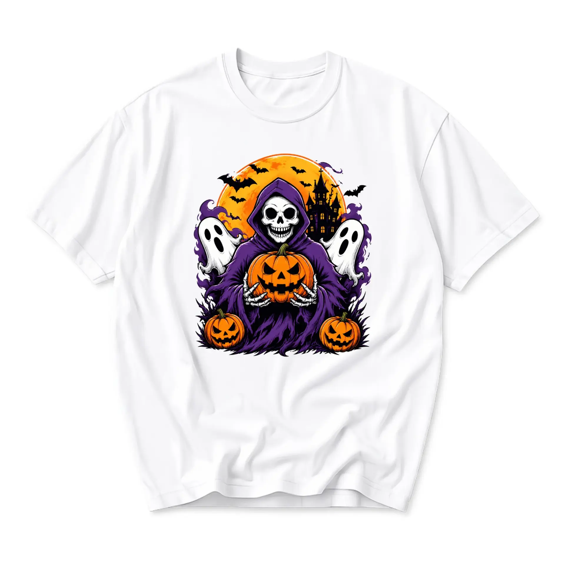 Graphic Tee Unisex Halloween Reaper Shirt Spooky Skeleton Pumpkin Design Casual Crew Neck Apparel for Men and Women