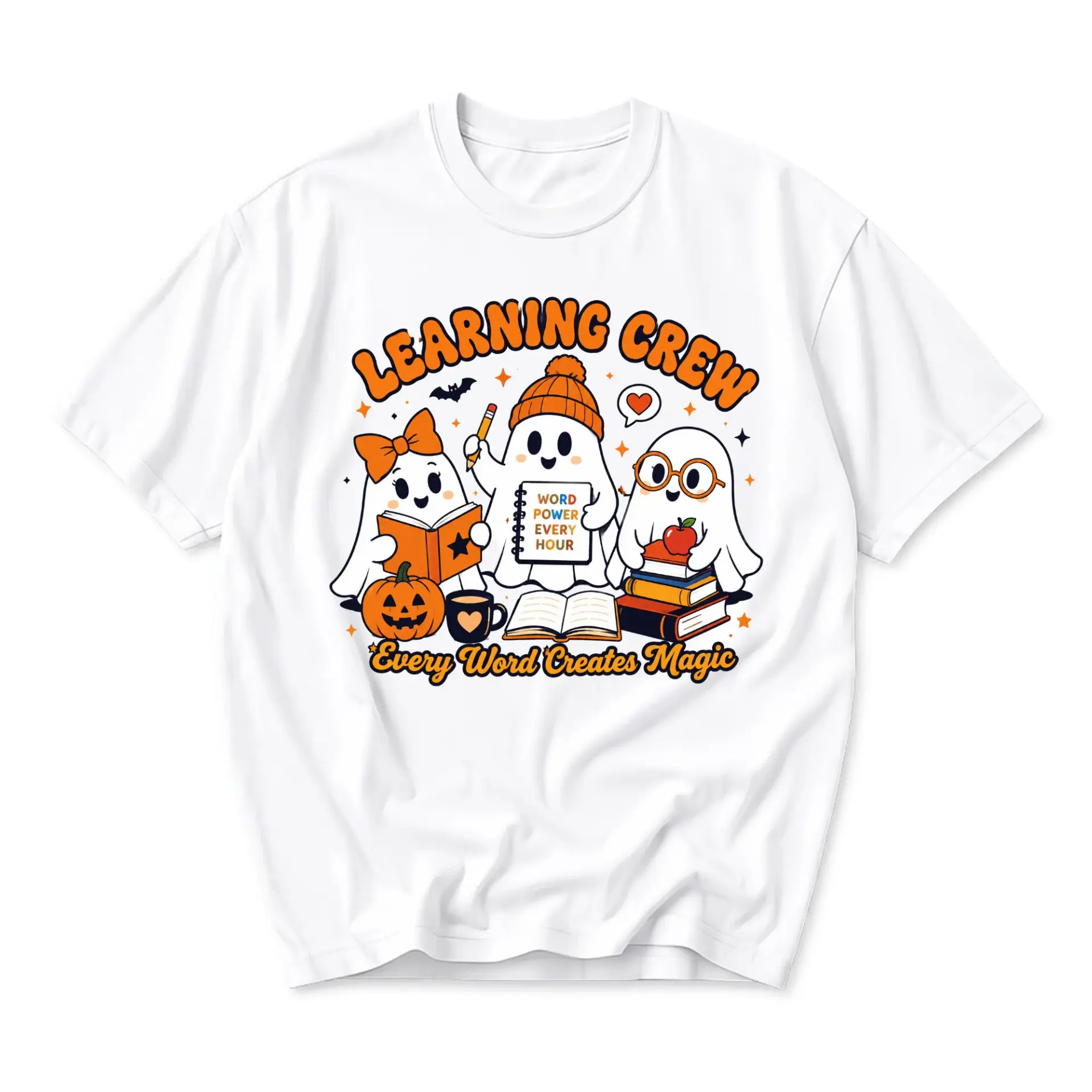 Graphic Tee Learning Crew Every Word Creates Magic Ghost Shirt Halloween Seasonal Cute Fall Theme Unisex Apparel