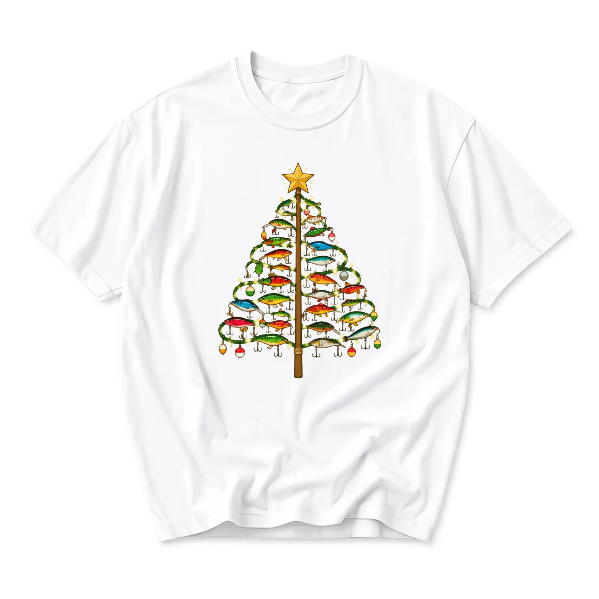 Funny Shirt Christmas Tree Made of Fishing Lures Graphic Tee Unisex Casual Crew Neck Soft Cotton Blend Summer Apparel