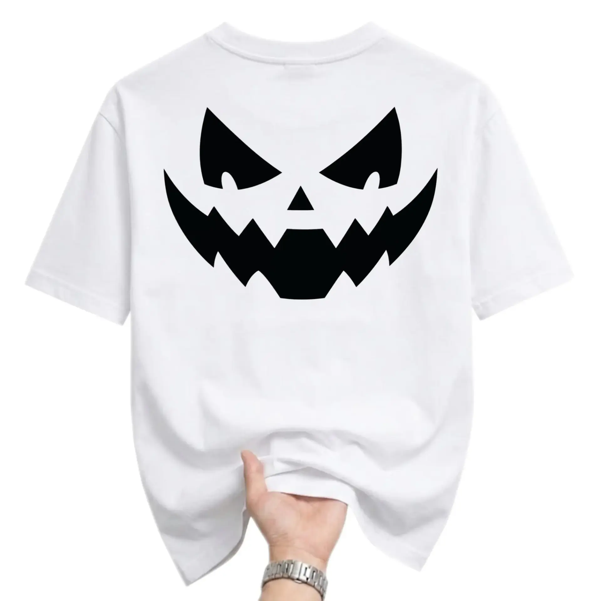 Graphic Tee Unisex Crew Neck T-Shirt Featuring Spooky Jack O Lantern Pumpkin Face Silhouette for Casual Fall Apparel