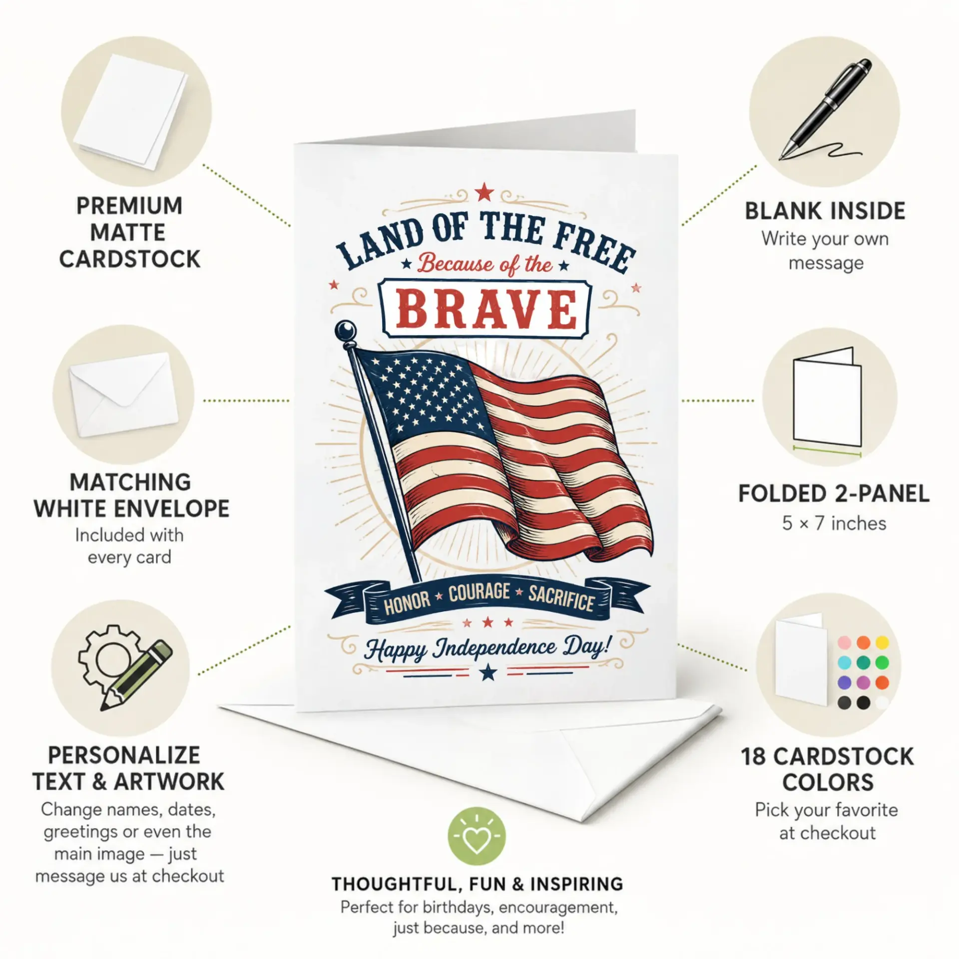 Patriotic Greeting Card Land of the Because of Brave Design for Independence Day and Memorial Celebrations