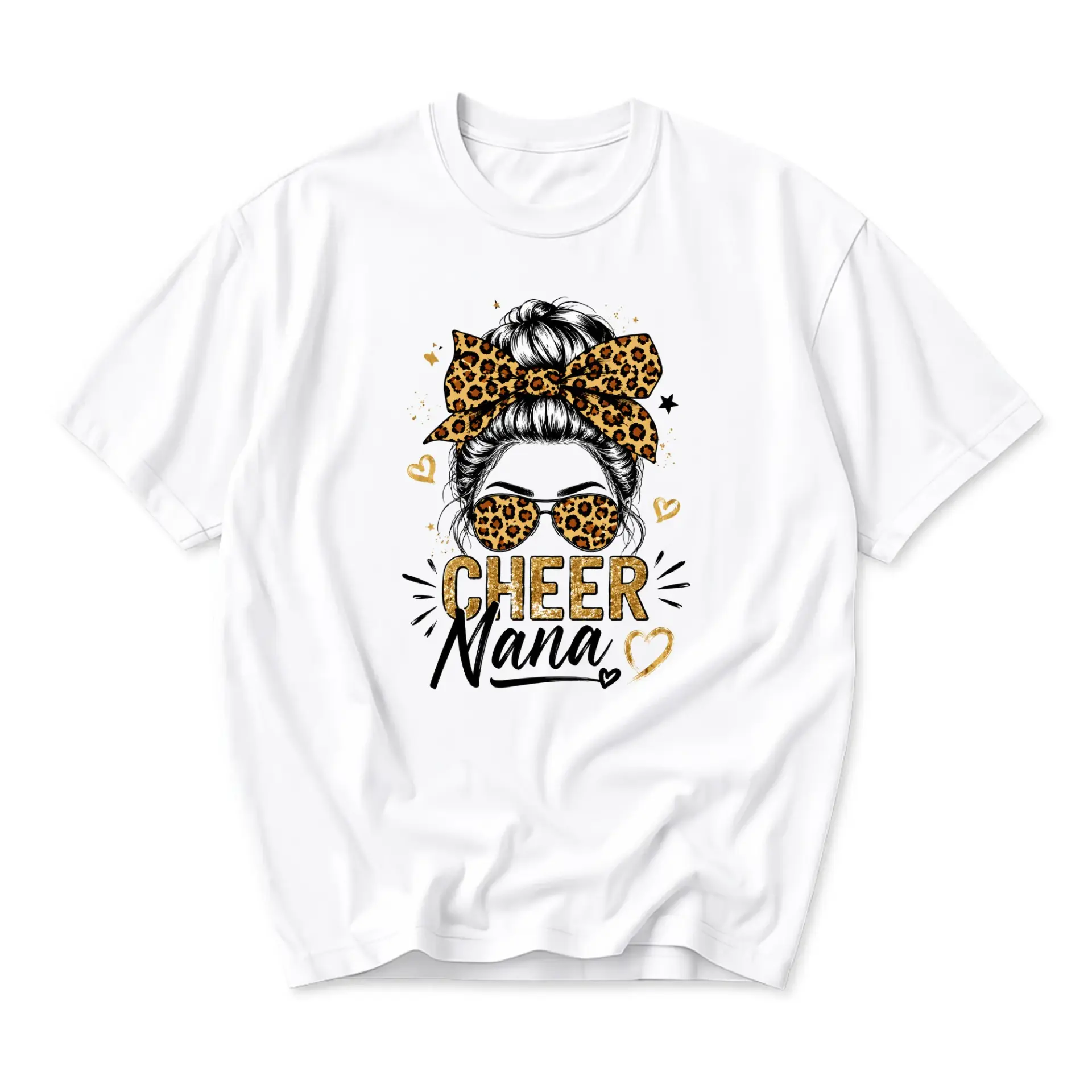 Graphic Tee Cheer Nana Leopard Print Messy Bun Design Unisex Crew Neck Soft