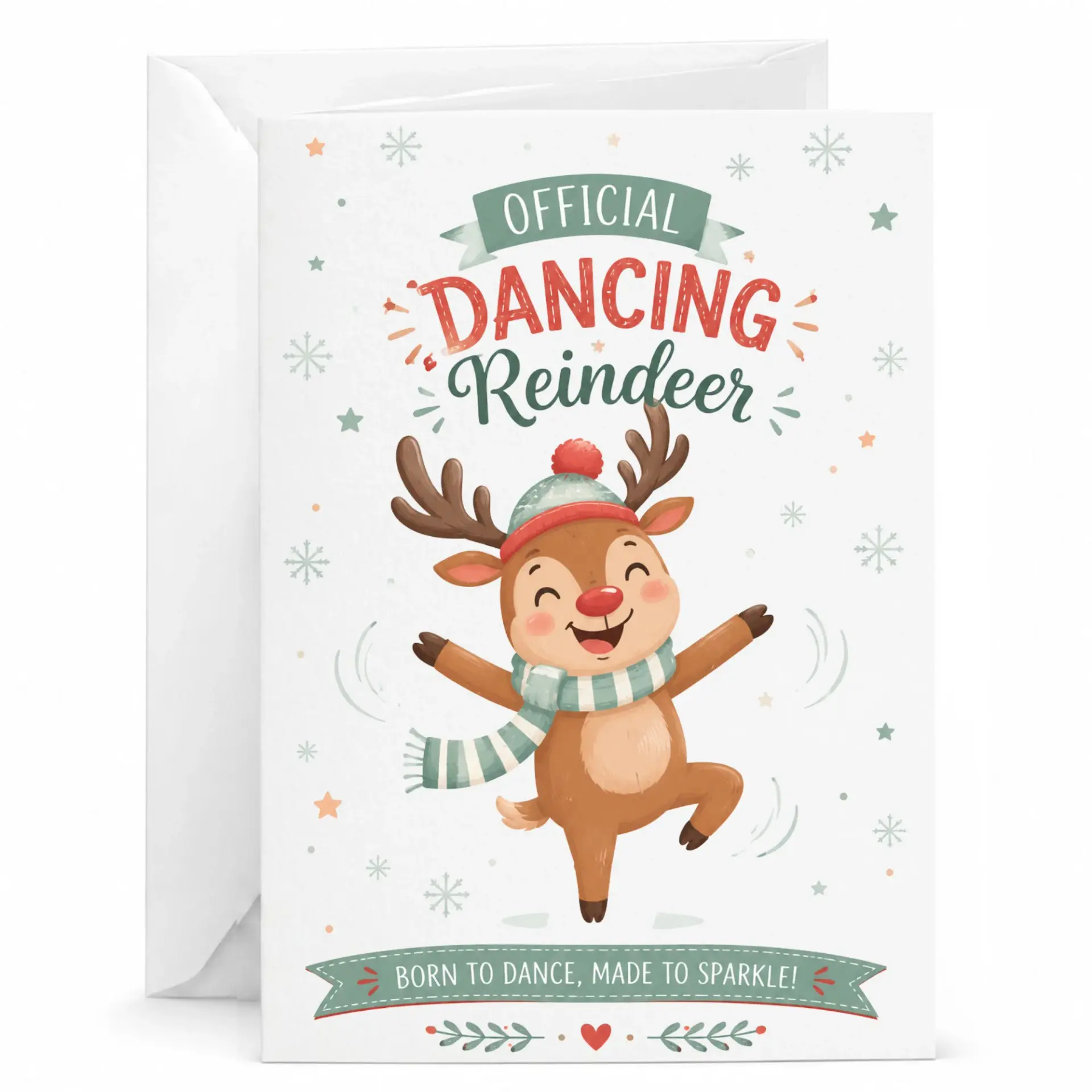 Holiday Dancing Reindeer Greeting Card Festive Seasonal Character Illustration with Envelope for Winter Celebration Occasions