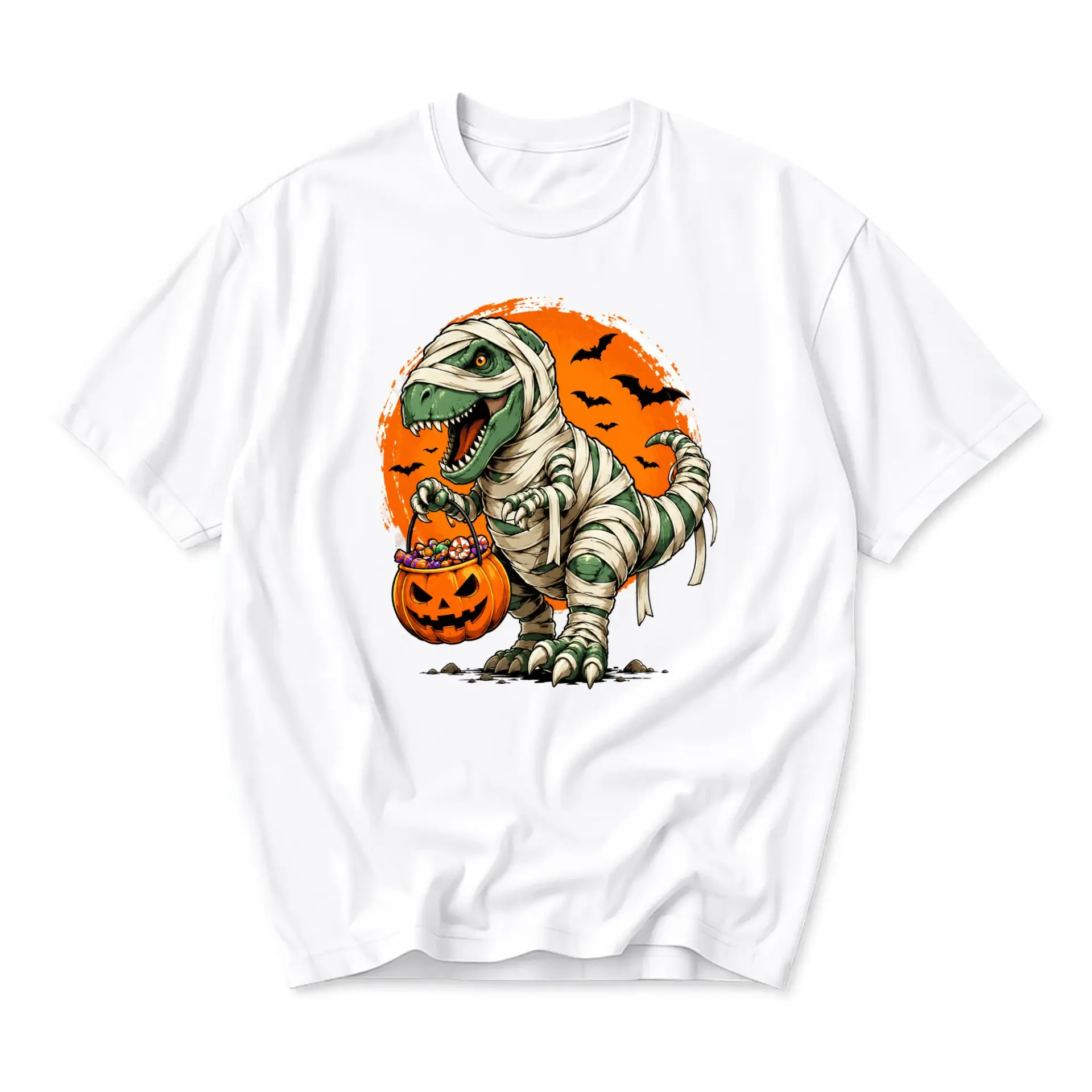 Graphic Tee Mummy Dinosaur Halloween Shirt Unisex Crew Neck Short Sleeve Top for Casual Everyday Wear and Seasonal Style