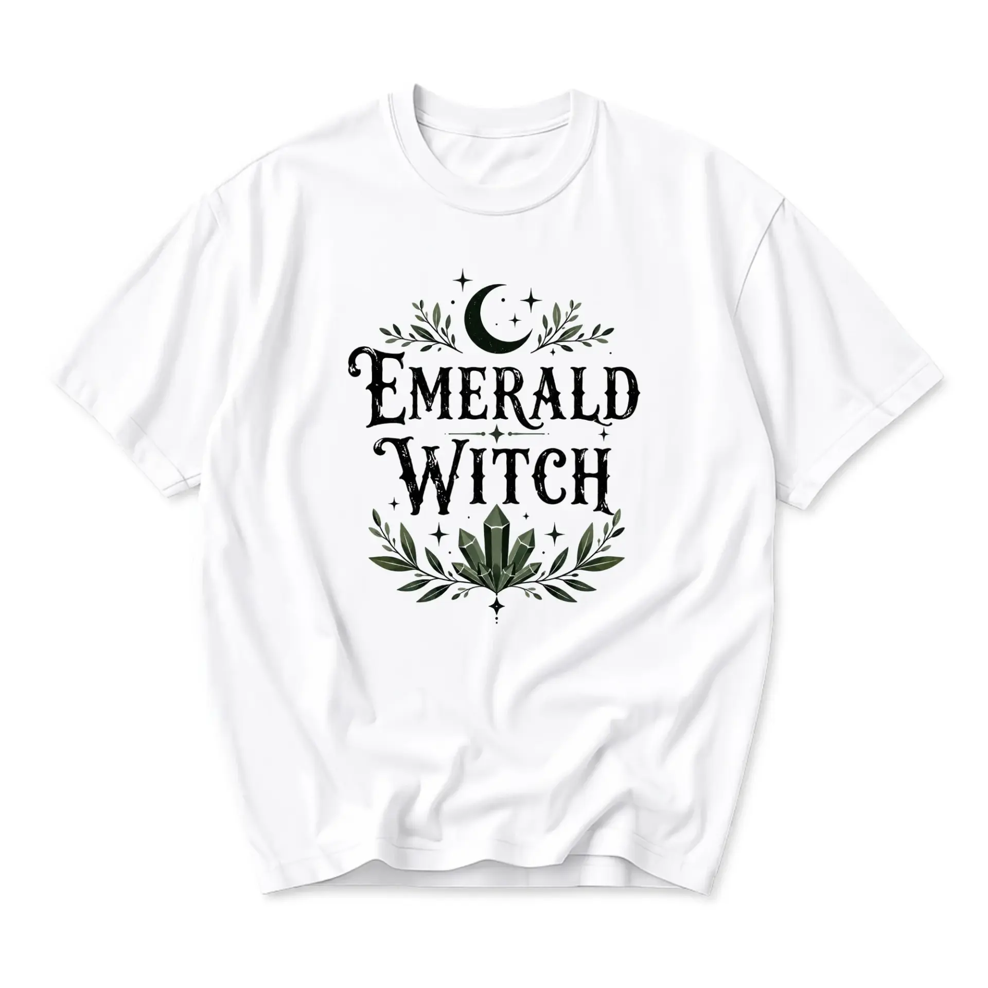 Graphic Tee Emerald Witch Shirt Mystical Moon and Crystal Botanical Design Unisex Crew Neck Soft Cotton Casual Apparel