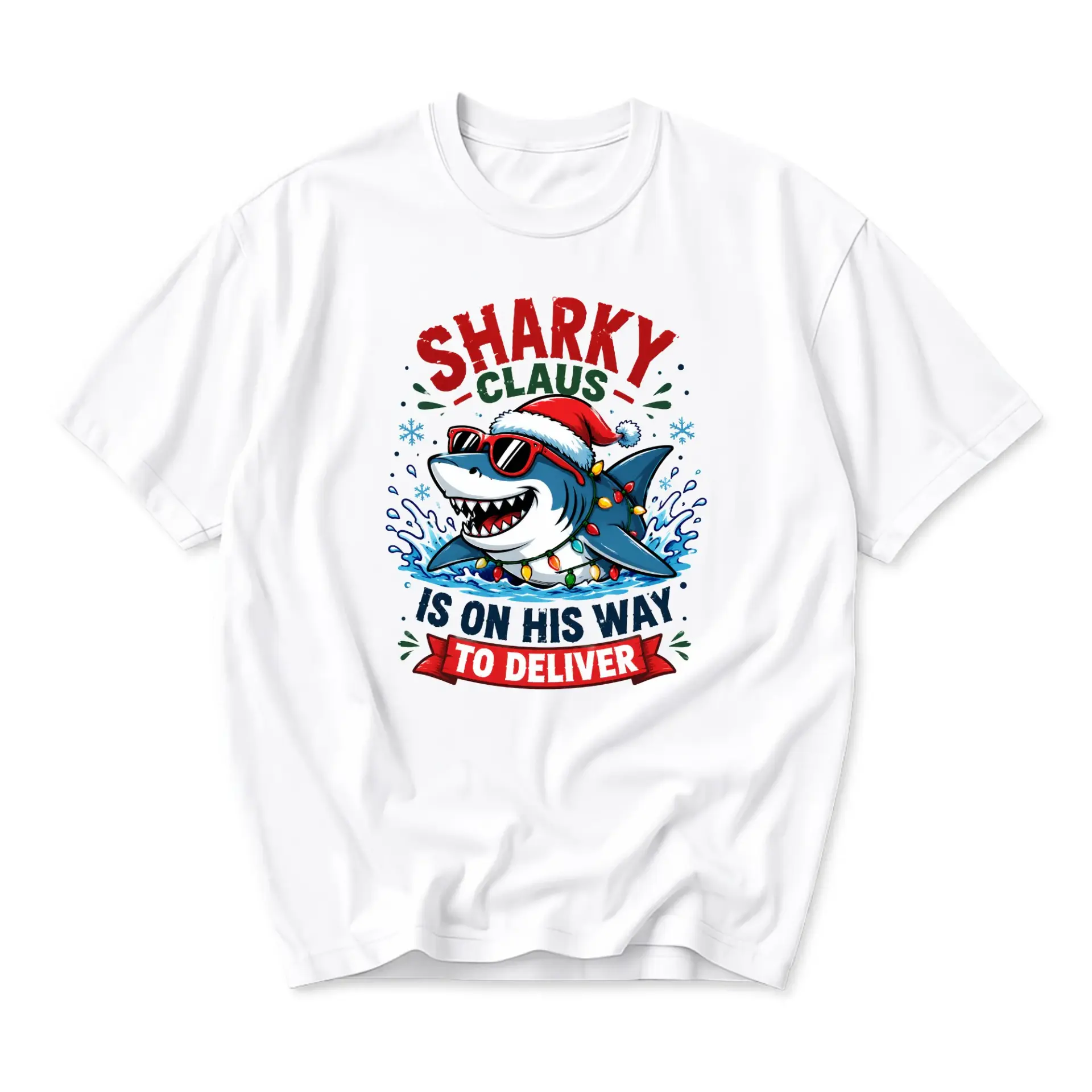 Funny Shirt Sharky Claus Graphic Tee Christmas Holiday Ocean Lover Humor Unisex Casual Crew Neck Graphic Printed T-Shirt