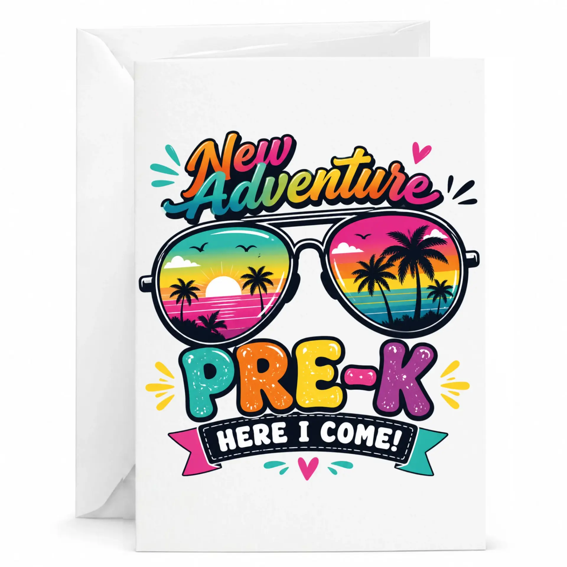 Greeting Card New Adventure Pre-K Here I Come Funny Sunset Sunglasses Illustration Printed Stationery for Special