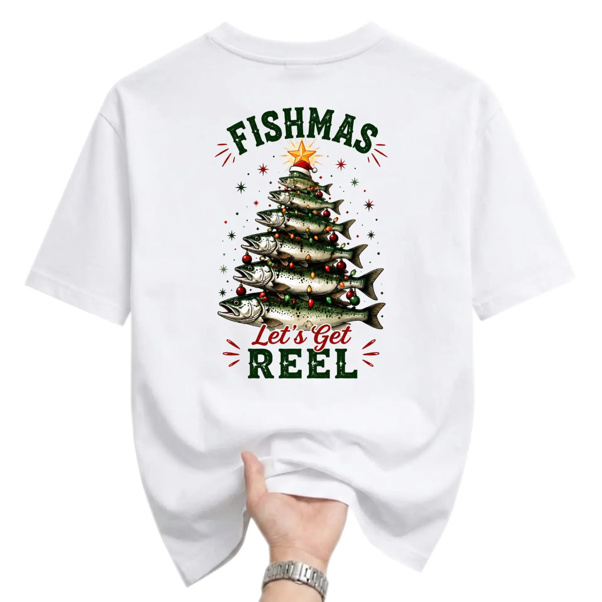 Funny Shirt Fishmas Let's Get Reel Graphic Tee Unisex Crew Neck Short