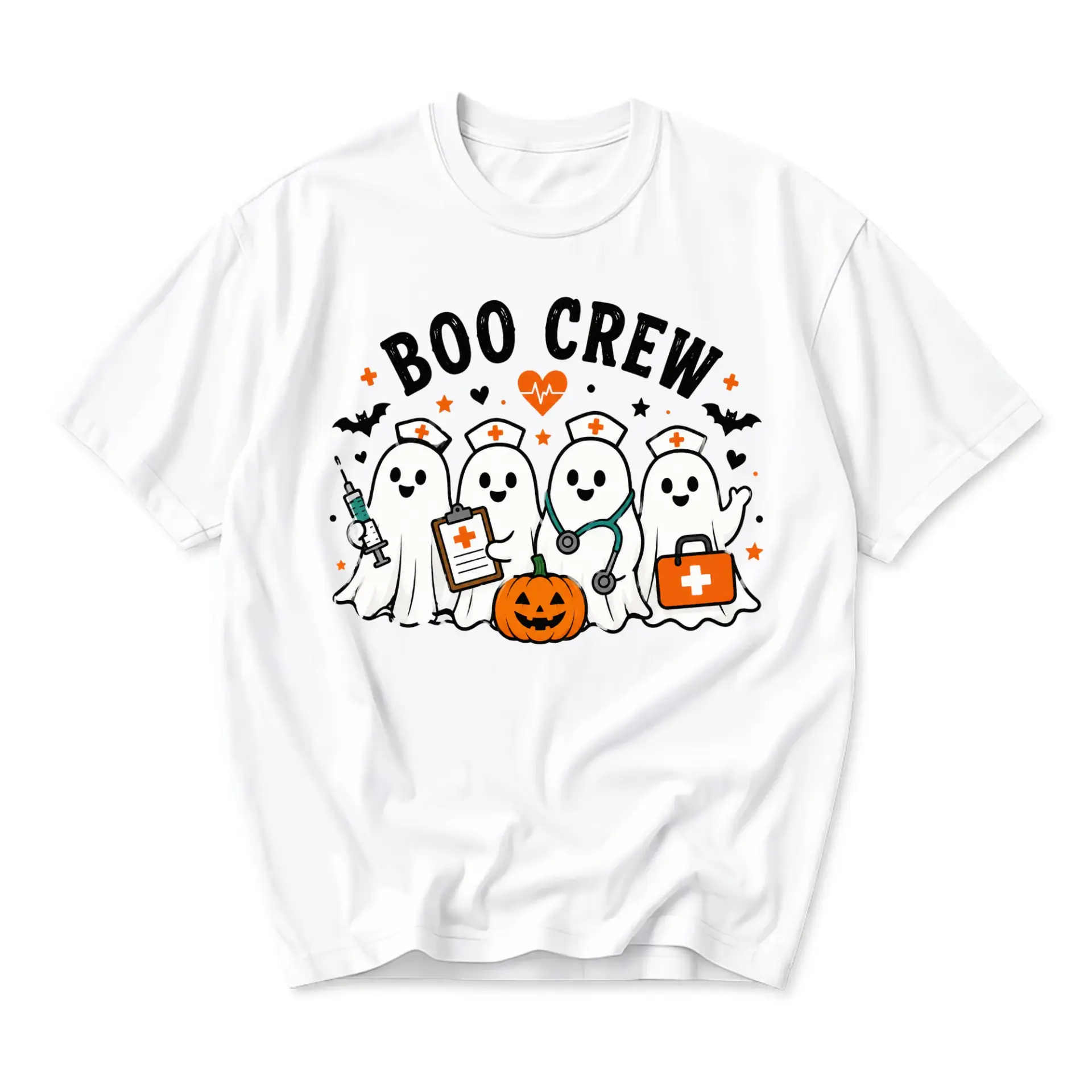 Funny Shirt Boo Crew Ghost Nurse Graphic Tee Seasonal Halloween Costume Unisex Casual Cotton Blend Crew Neck Top