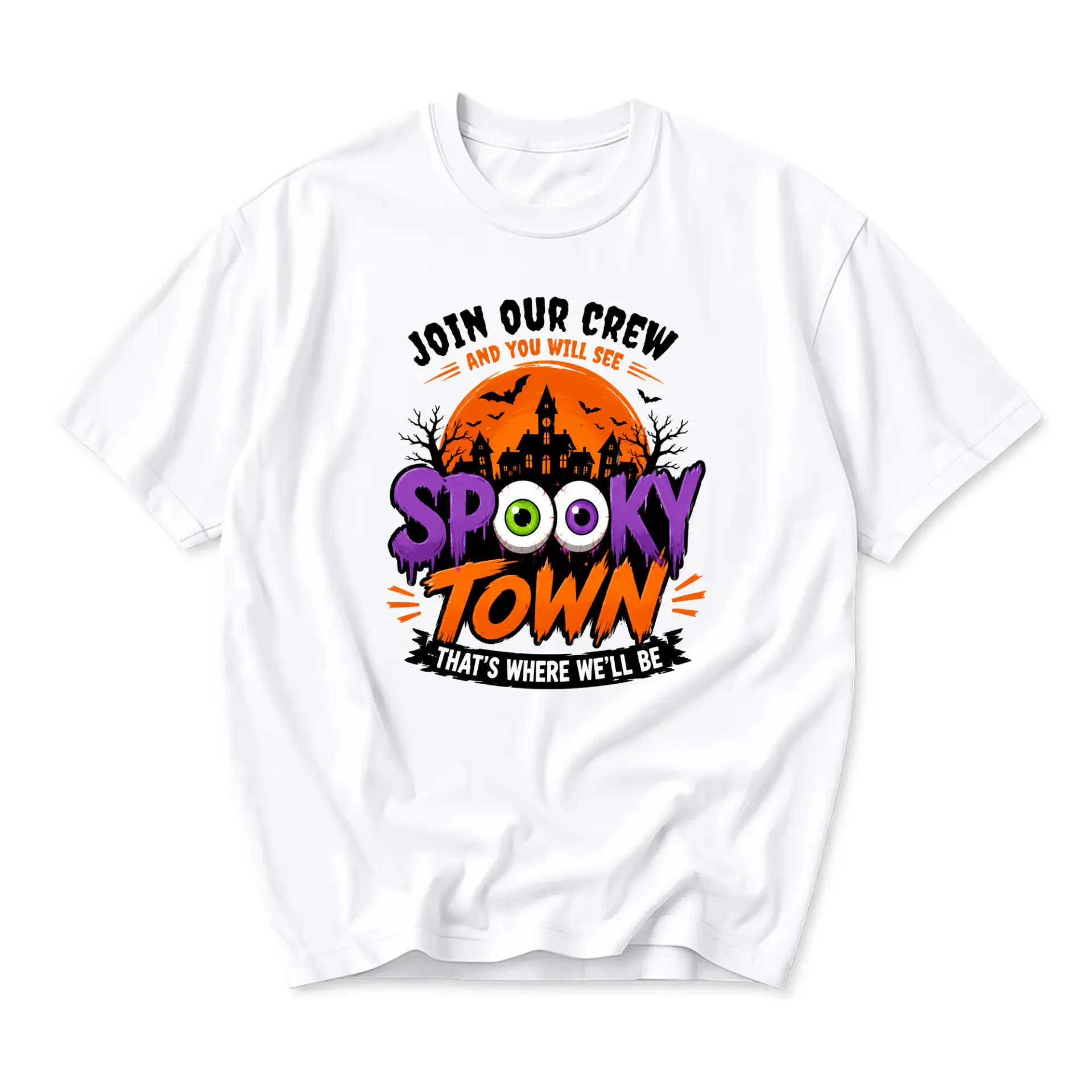 Graphic Tee Spooky Town Halloween Crew Shirt Seasonal Unisex Apparel Comfortable Cotton Blend Casual Short Sleeve Top