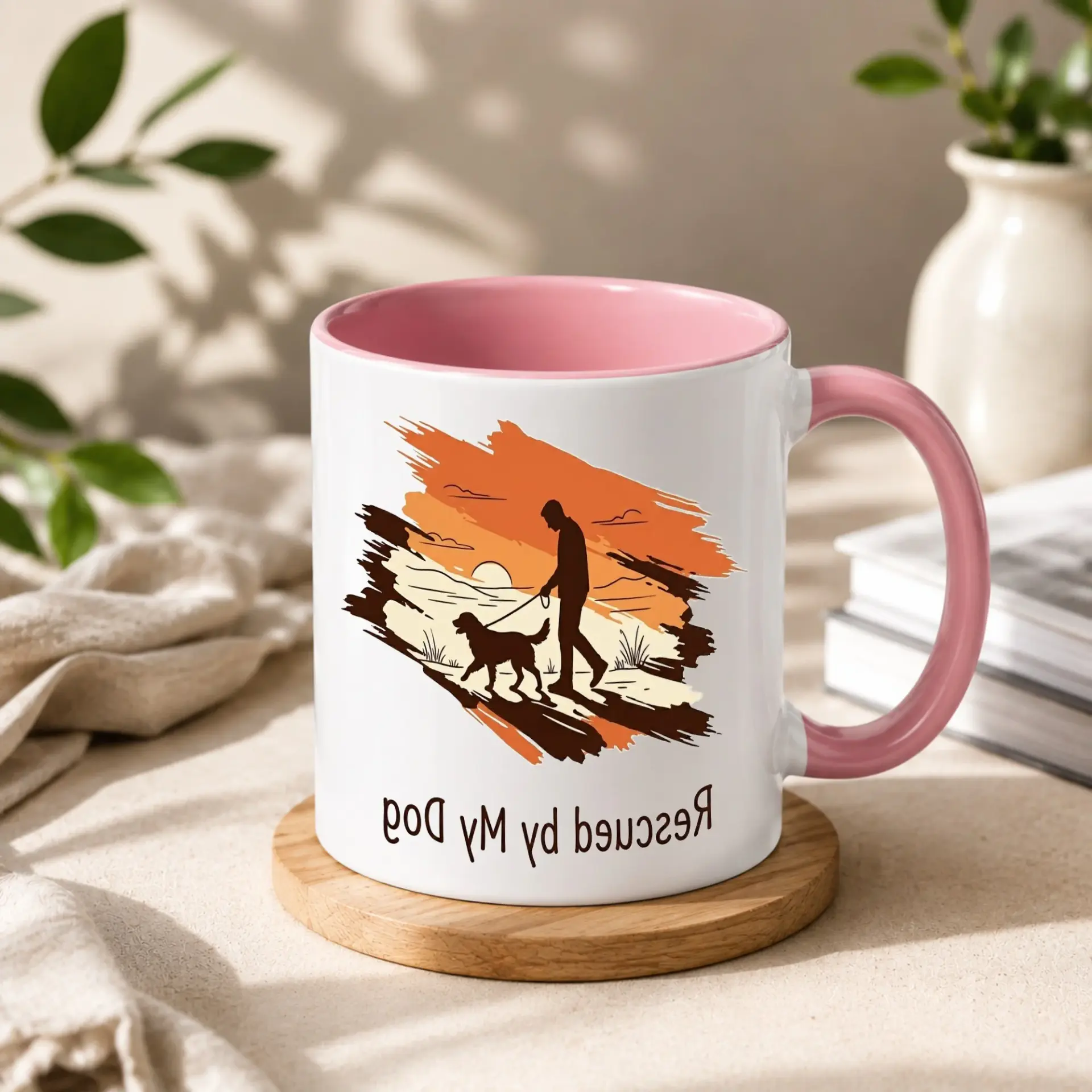 Dog Lover Ceramic Coffee Mug with Rescued by My Graphic Design Featuring a Man Walking His Pet in a Sunset