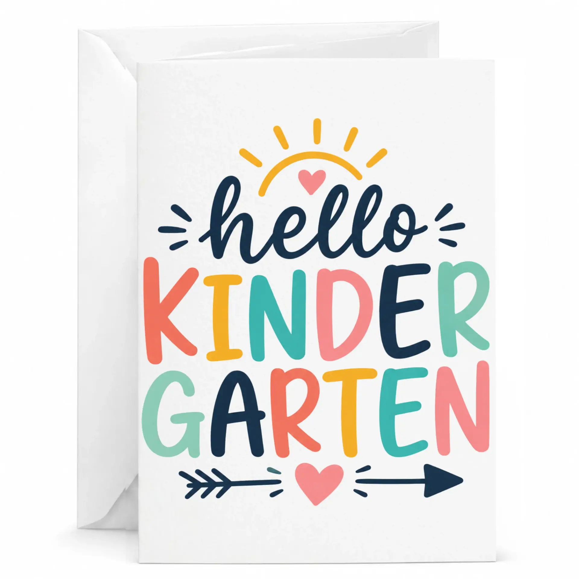 Greeting Card Hello Kindergarten Featuring a Colorful Typographic Design on Premium Heavyweight White Cardstock