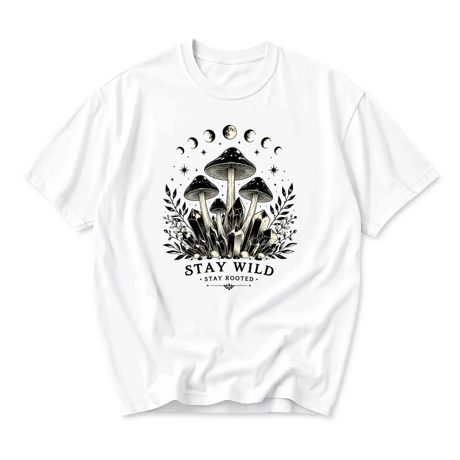 T-shirt Stay Wild Stay Rooted Botanical Mushroom and Crystal Graphic Celestial Nature Theme Unisex Crew Neck Apparel