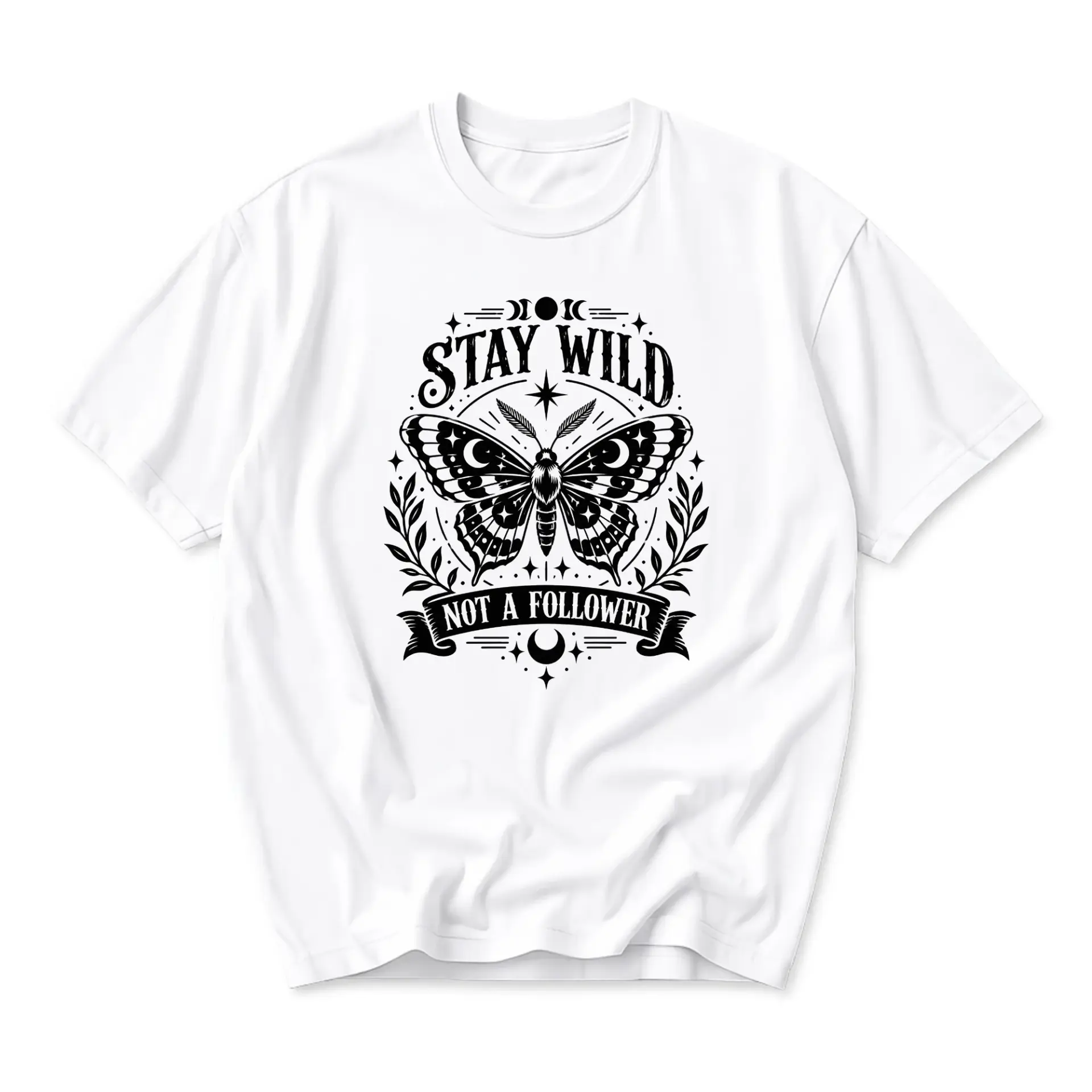 Graphic Tee Stay Wild Not a Follower Celestial Moth Print Unisex Casual Crew Neck Soft Cotton Everyday Shirt Top