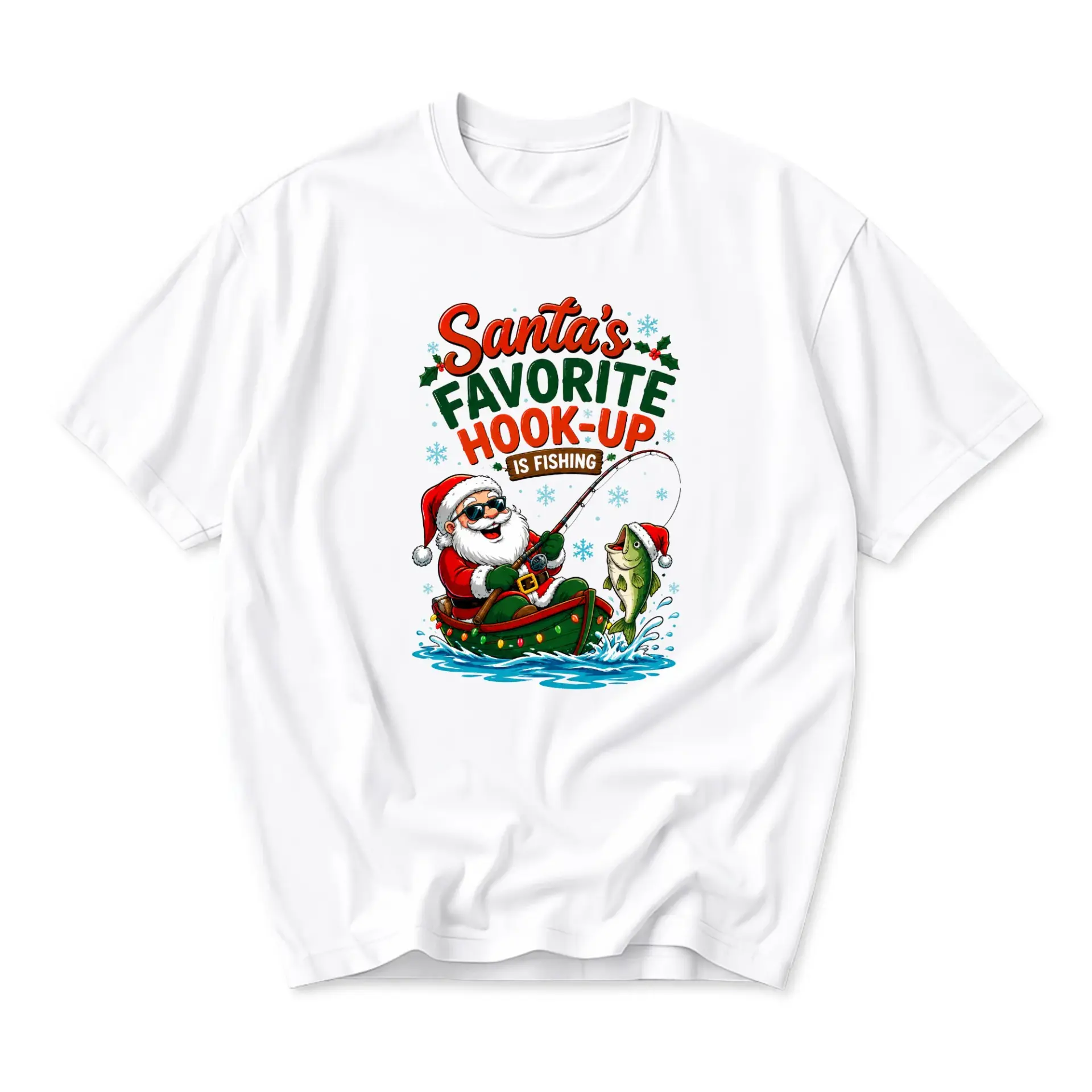 Funny Shirt Santa's Favorite Hook-Up Is Fishing Graphic Tee Unisex Casual Short Sleeve Crew Neck Holiday Top