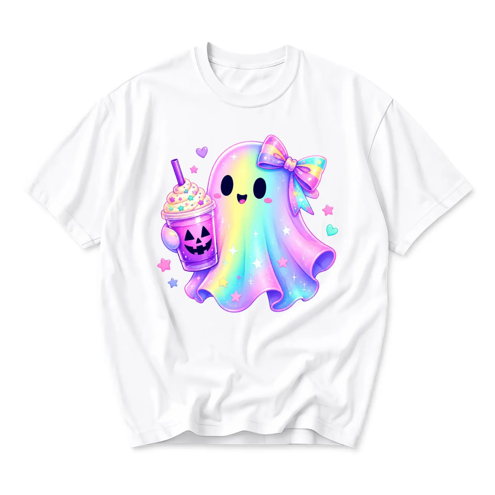Graphic Tee Unisex Crew Neck T-Shirt Featuring Colorful Pastel Rainbow Ghost Holding a Festive Pumpkin Beverage