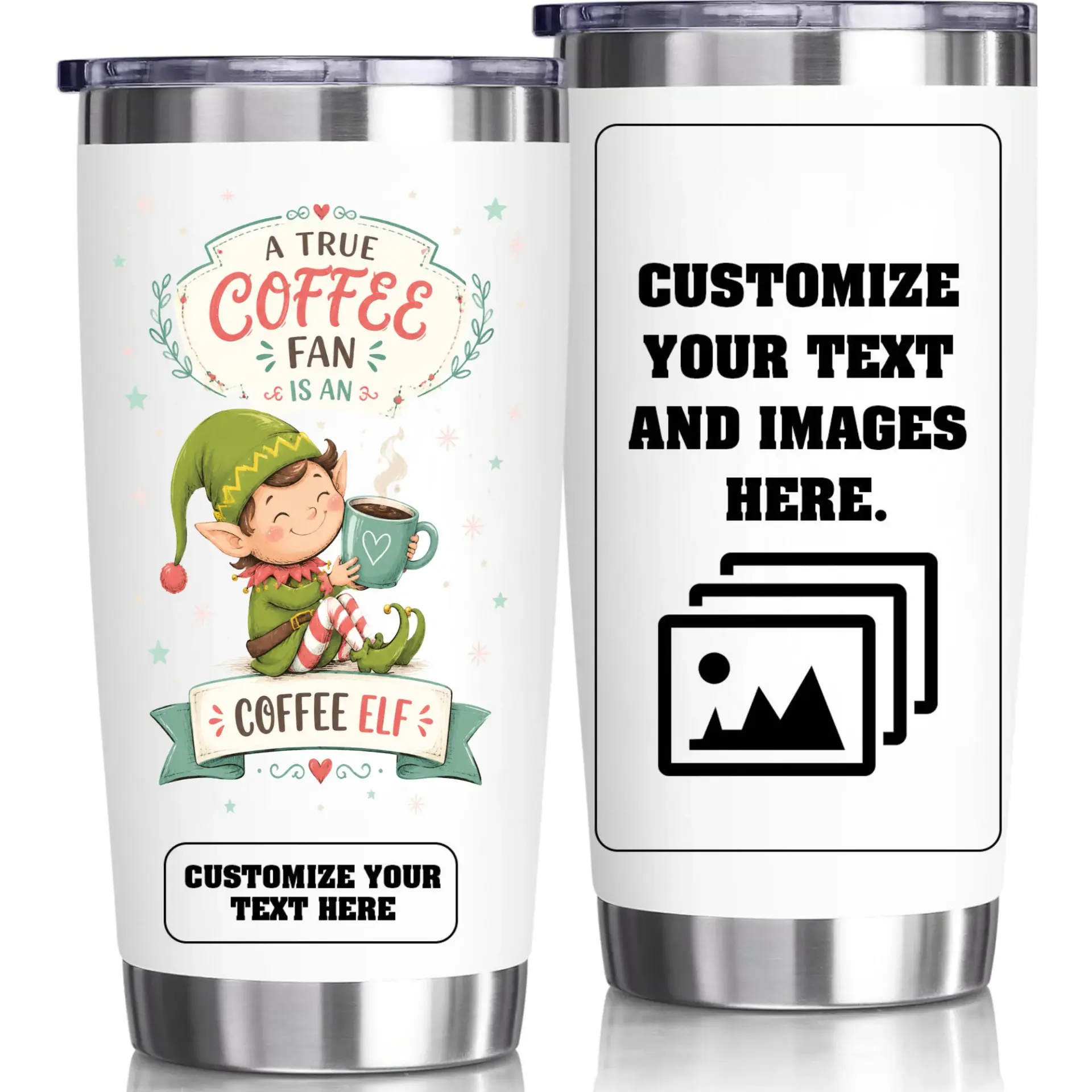 Stainless Steel Tumbler 20oz Coffee Elf Design Customizable Insulated Travel Cup with Splash Resistant Sliding Lid