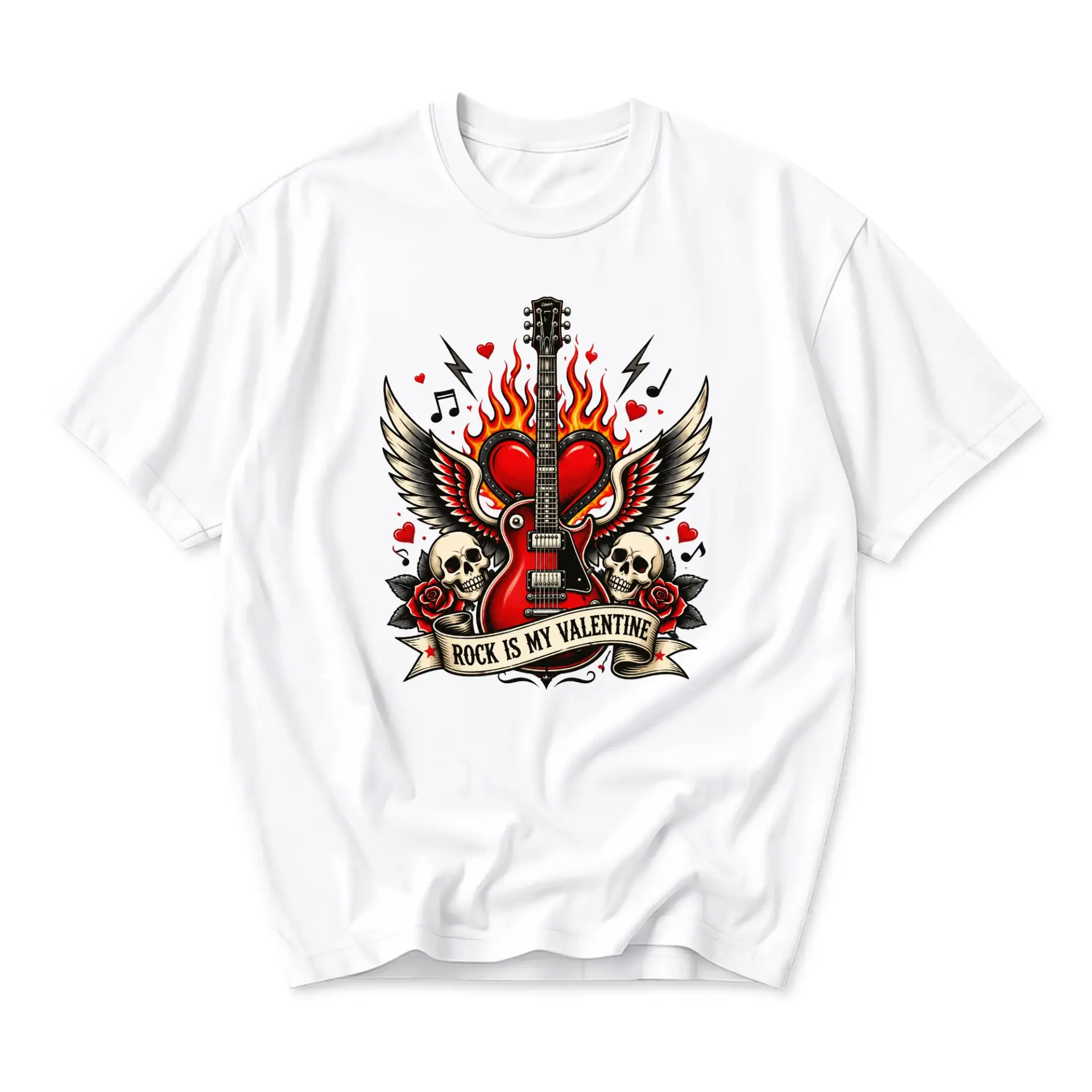 Funny Shirt Rock Is My Valentine Graphic Tee Unisex Casual Apparel with Guitar and Skull Artwork for Music Lovers