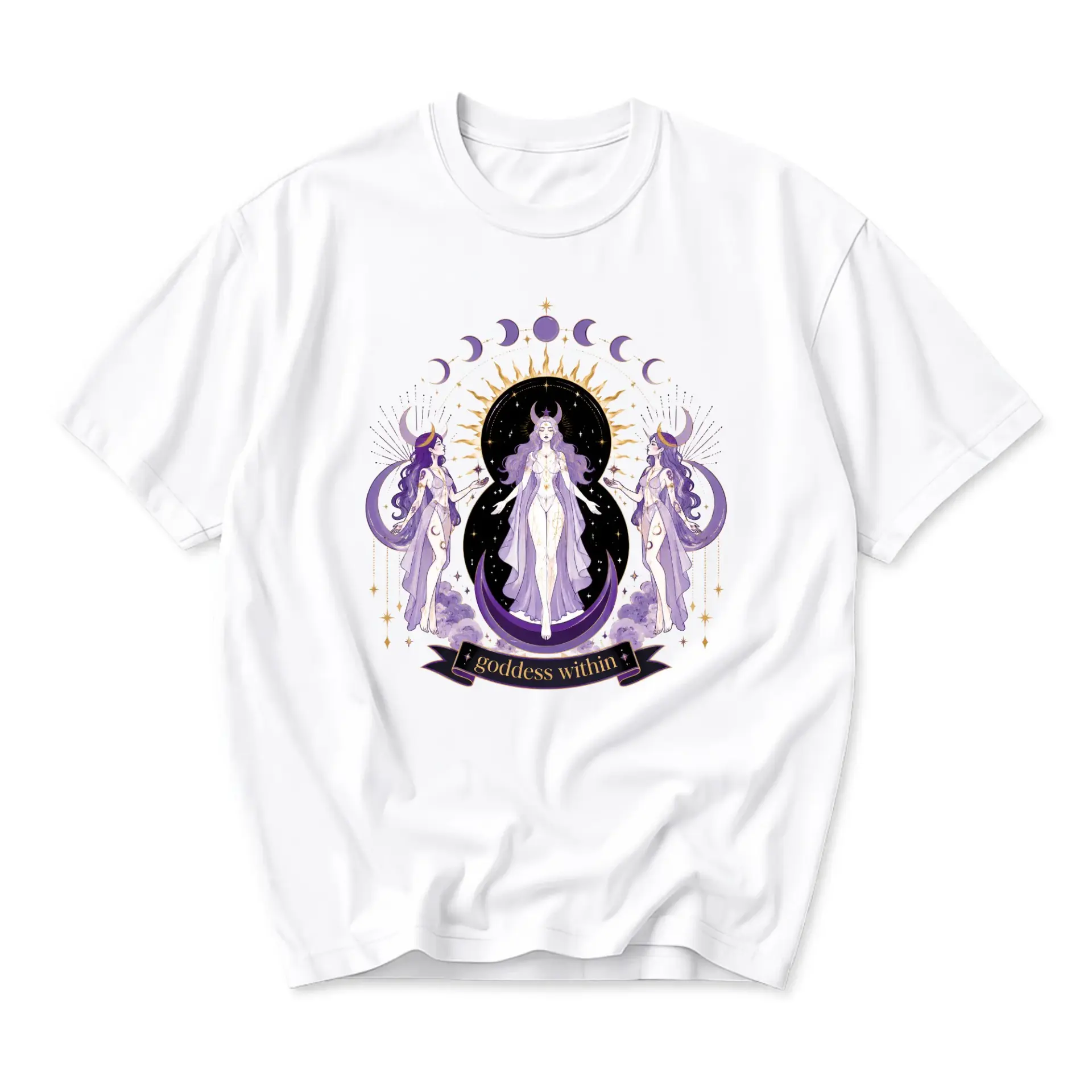 Graphic Tee Goddess Within Celestial Moon Phases Print Unisex Casual Crew Neck Comfortable Cotton Blend Shirt