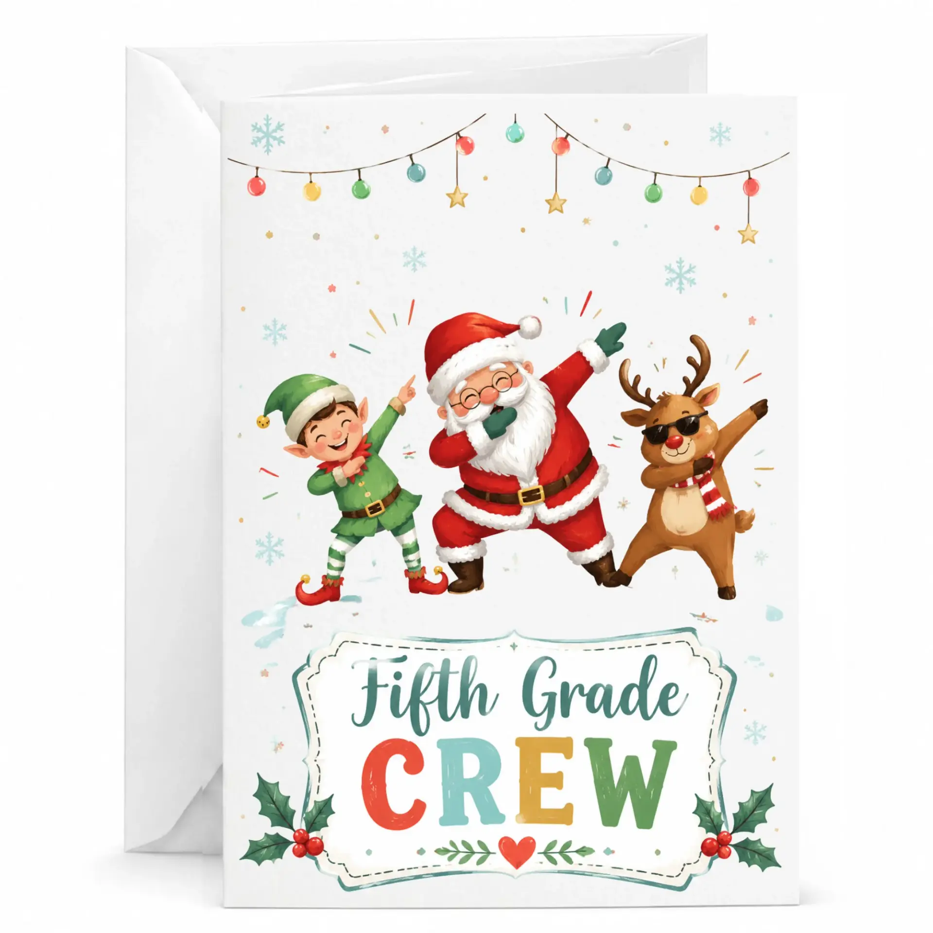 Funny Holiday Greeting Card Fifth Grade Crew Santa Elf and Reindeer Dabbing Festive Seasonal Stationary Note Card
