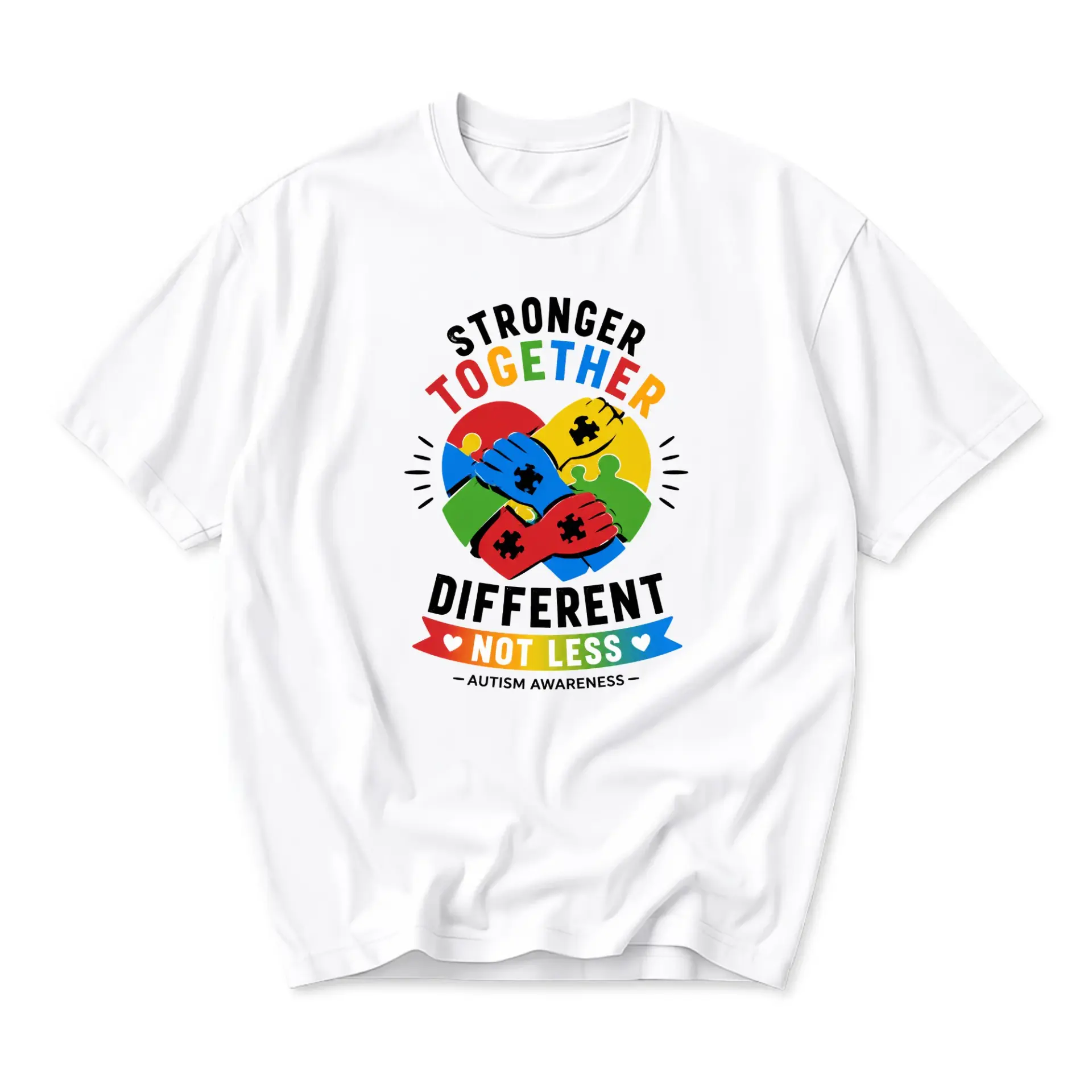 Graphic Tee Unisex Crew Neck Short Sleeve Shirt for Autism Awareness with Stronger Together Different Not Less Design