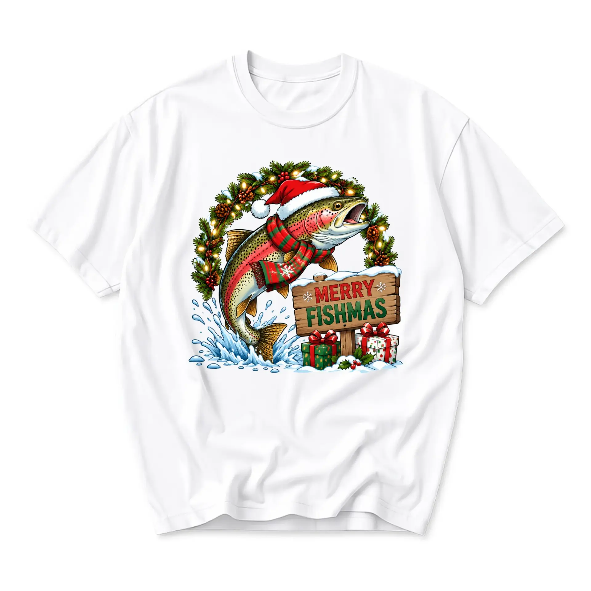 Funny Shirt Merry Fishmas Holiday Graphic Tee Featuring a Festive Trout Fish with Christmas Wreath for Fishing Lovers