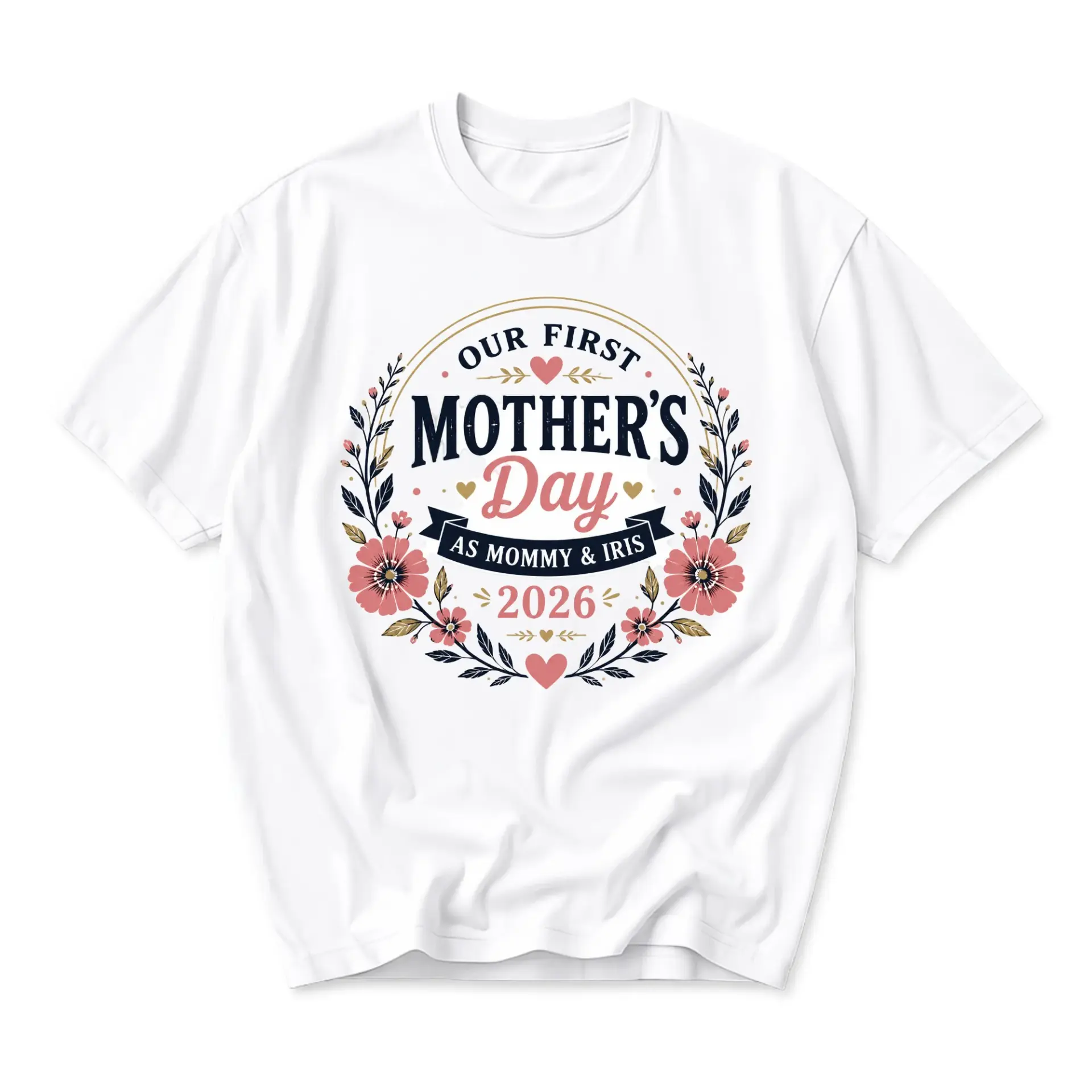Graphic Tee Our First Mother's Day as Mommy and Iris 2026 Floral Wreath Design Unisex Crew Neck Everyday Cotton Shirt