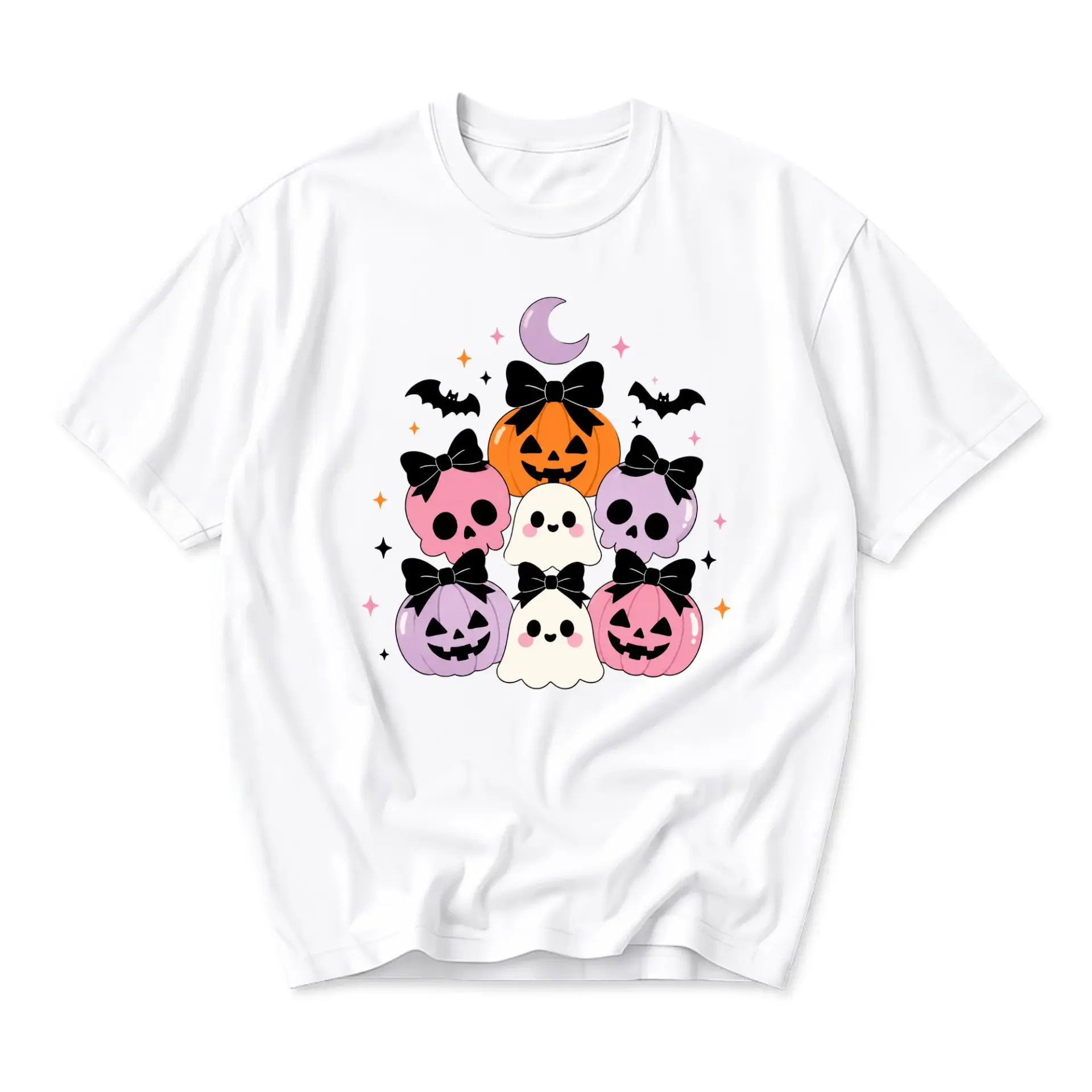 Graphic Tee Cute Halloween Ghost and Pumpkin Bow Design Unisex Casual Crew Neck Soft Cotton Blend Everyday T-Shirt