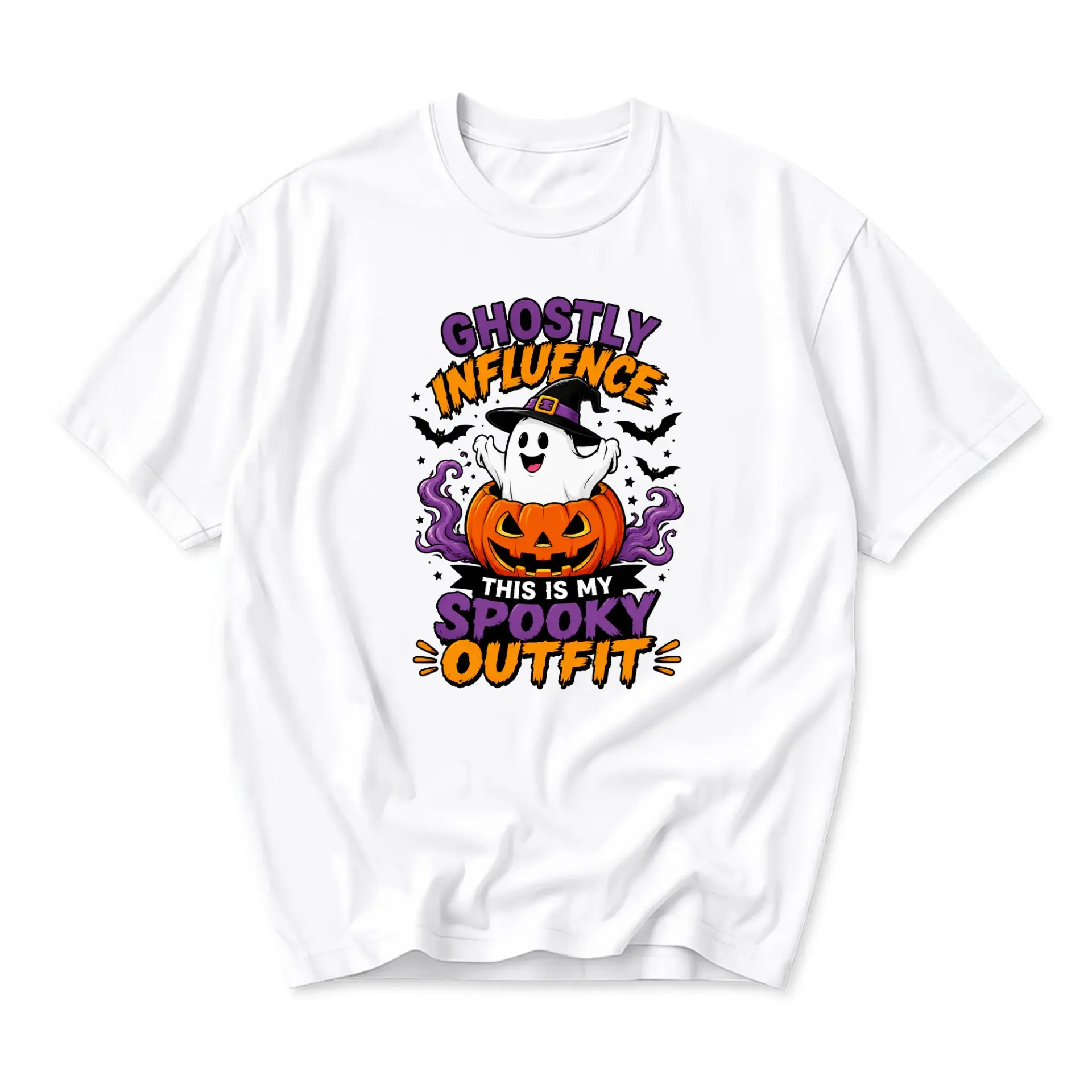 Funny Shirt Ghostly Influence Spooky Outfit Halloween Graphic Tee Unisex Crew Neck Casual Cotton Blend Apparel