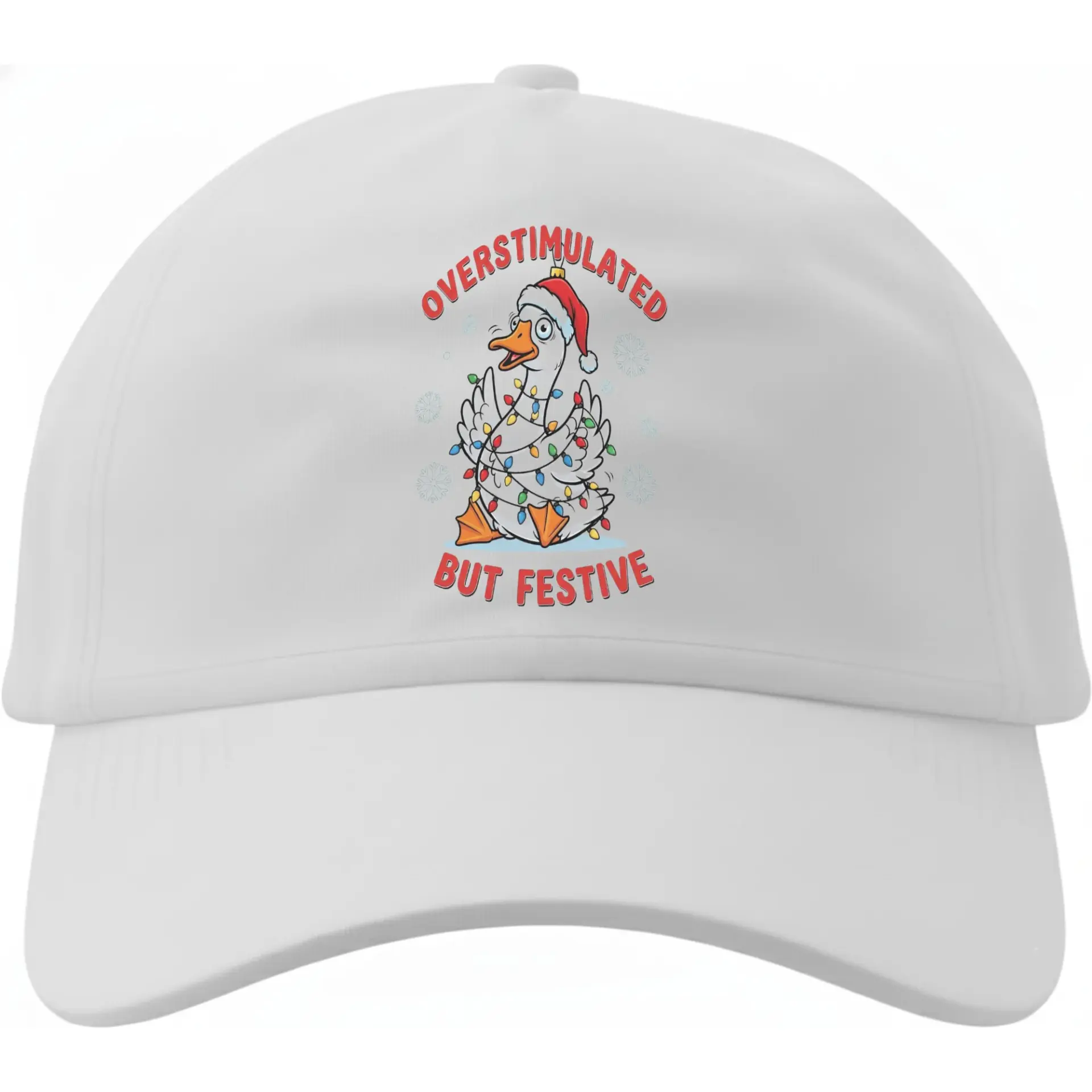 Baseball Cap Overstimulated but Festive Holiday Goose Hat with Funny Graphic Print for Casual Seasonal Winter Wear