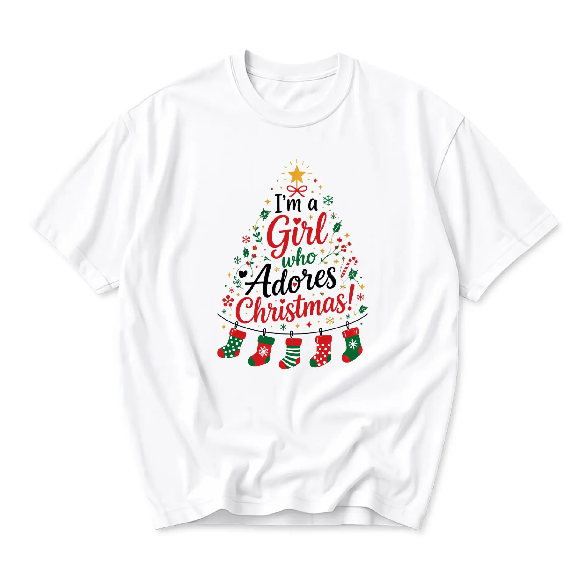 Funny Shirt I'm a Girl Who Adores Christmas Graphic Tee Unisex Casual Short Sleeve Crew Neck Holiday Cotton Top