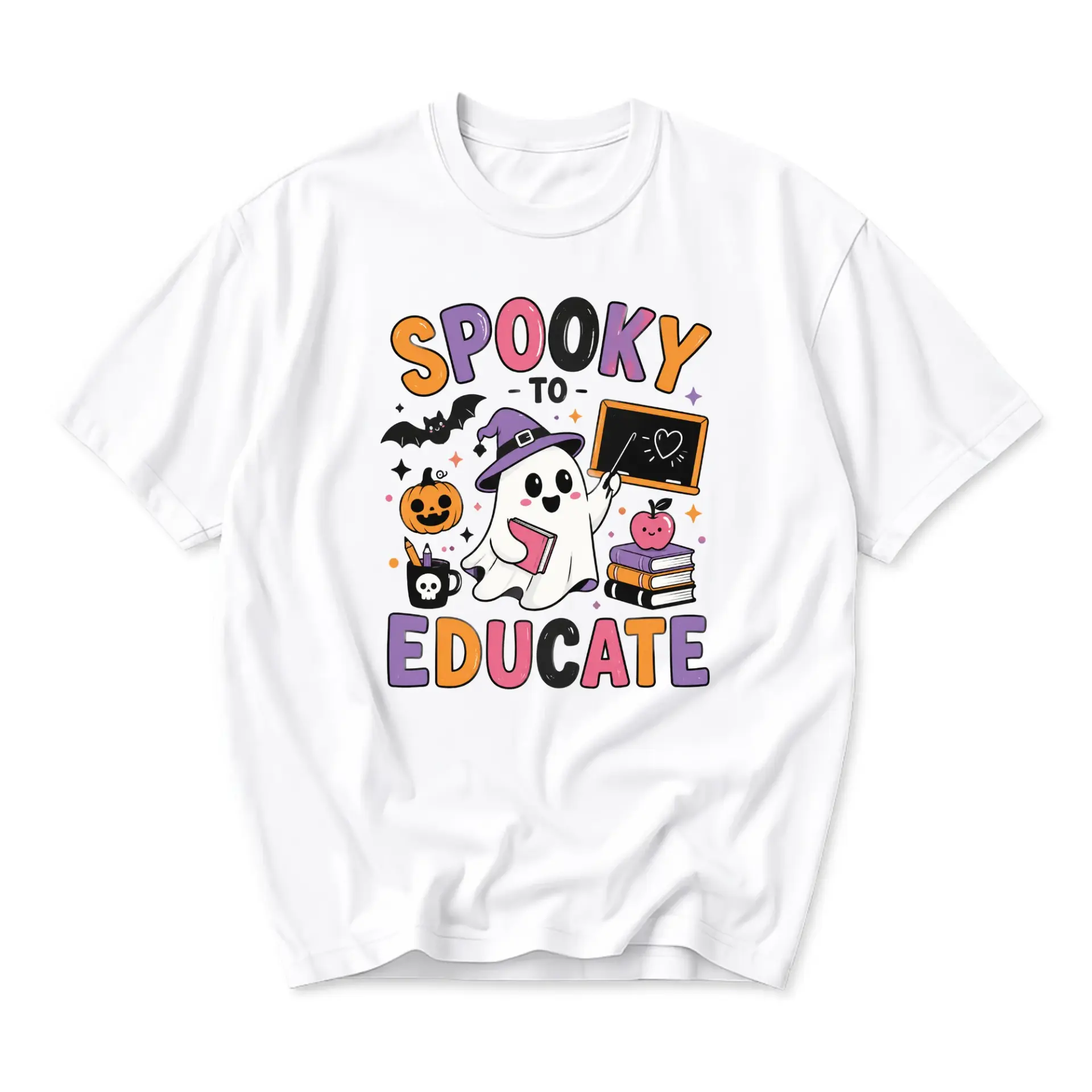 Funny Shirt Spooky to Educate Graphic Tee Retro Ghost Teacher Fall Halloween Theme Unisex Cotton Crew Neck Top
