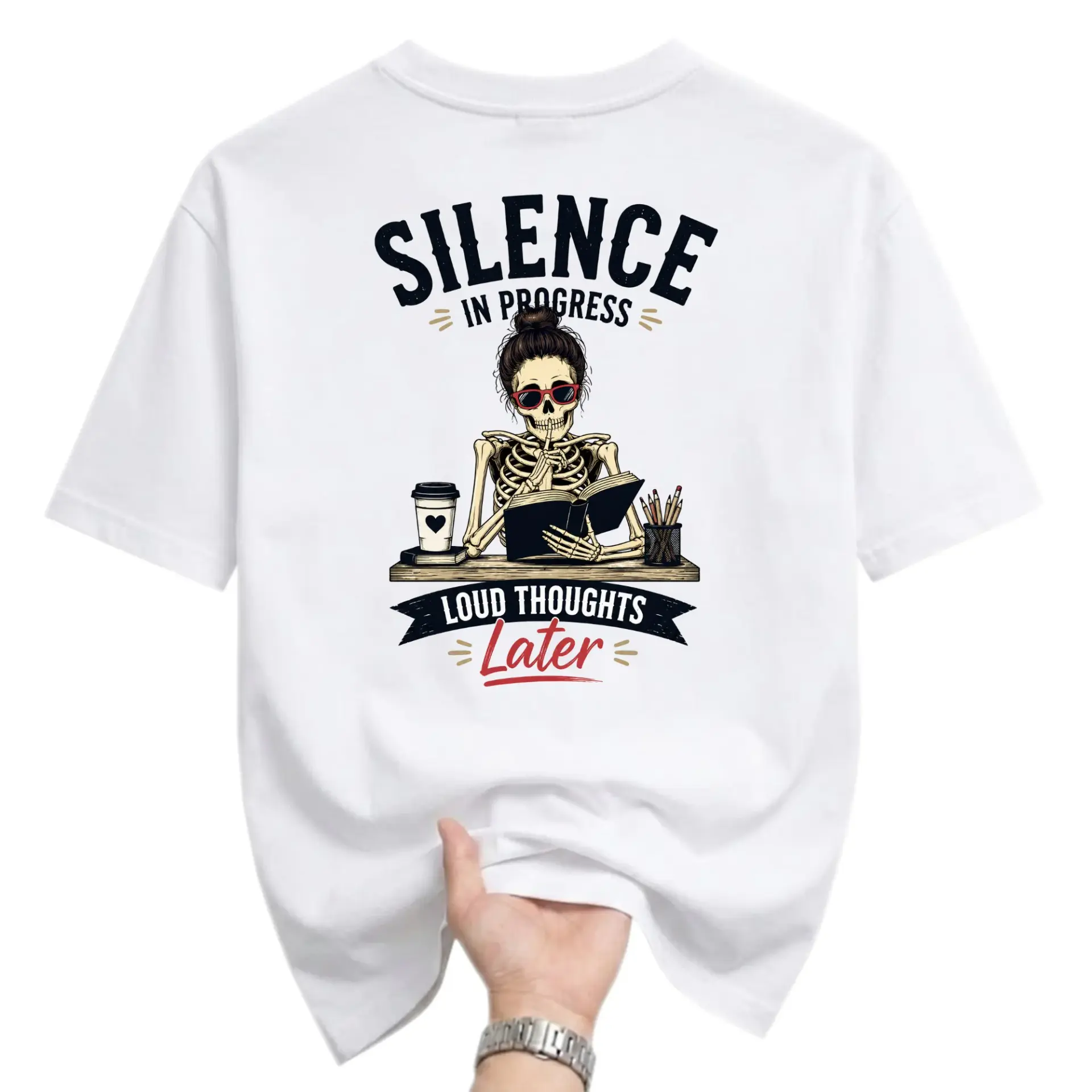 Funny Shirt Silence in Progress Loud Thoughts Later Graphic Tee for Book Lovers Reading Enthusiasts Unisex Crew Neck