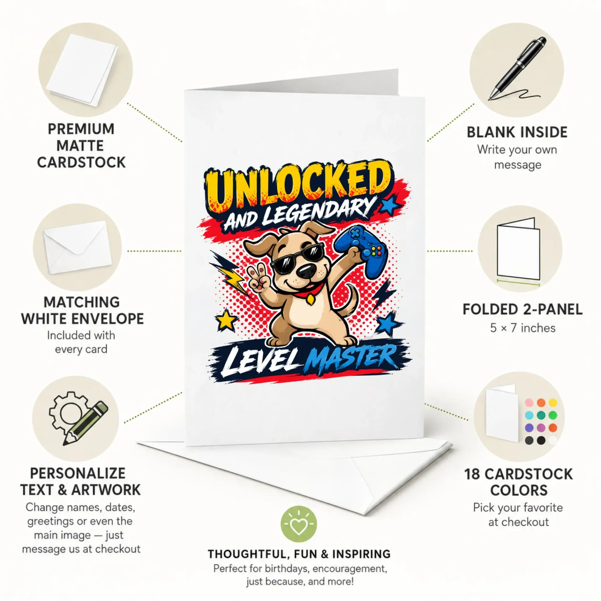 Funny Gaming Greeting Card Unlocked and Legendary Level Master Dog Design with Matching White Envelope Included