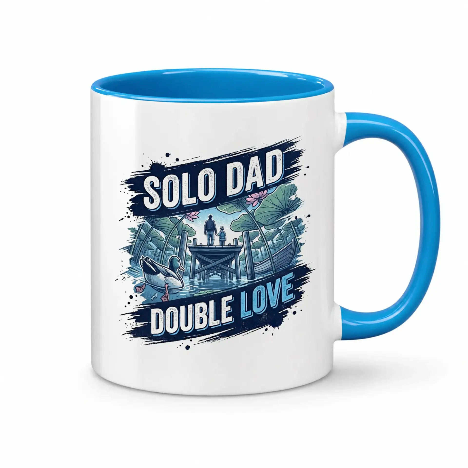 Dad Double Love Ceramic Coffee Mug Featuring Peaceful Outdoor Lake with Ducks and Fatherhood Graphic Design