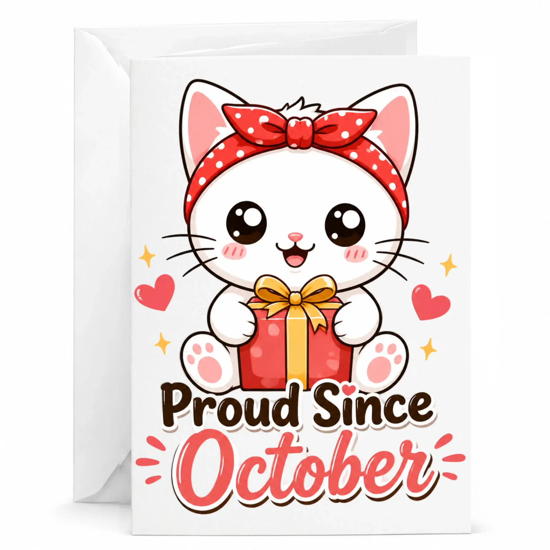 Birthday Card Proud Since October Greeting Card Cute Cat Holding Gift Illustration for Milestone Celebration