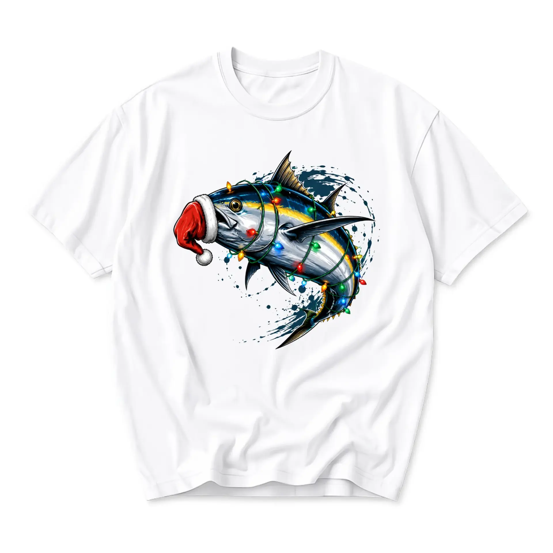 Graphic Tee Christmas Fishing Shirt Fish Wearing Santa Hat and Holiday