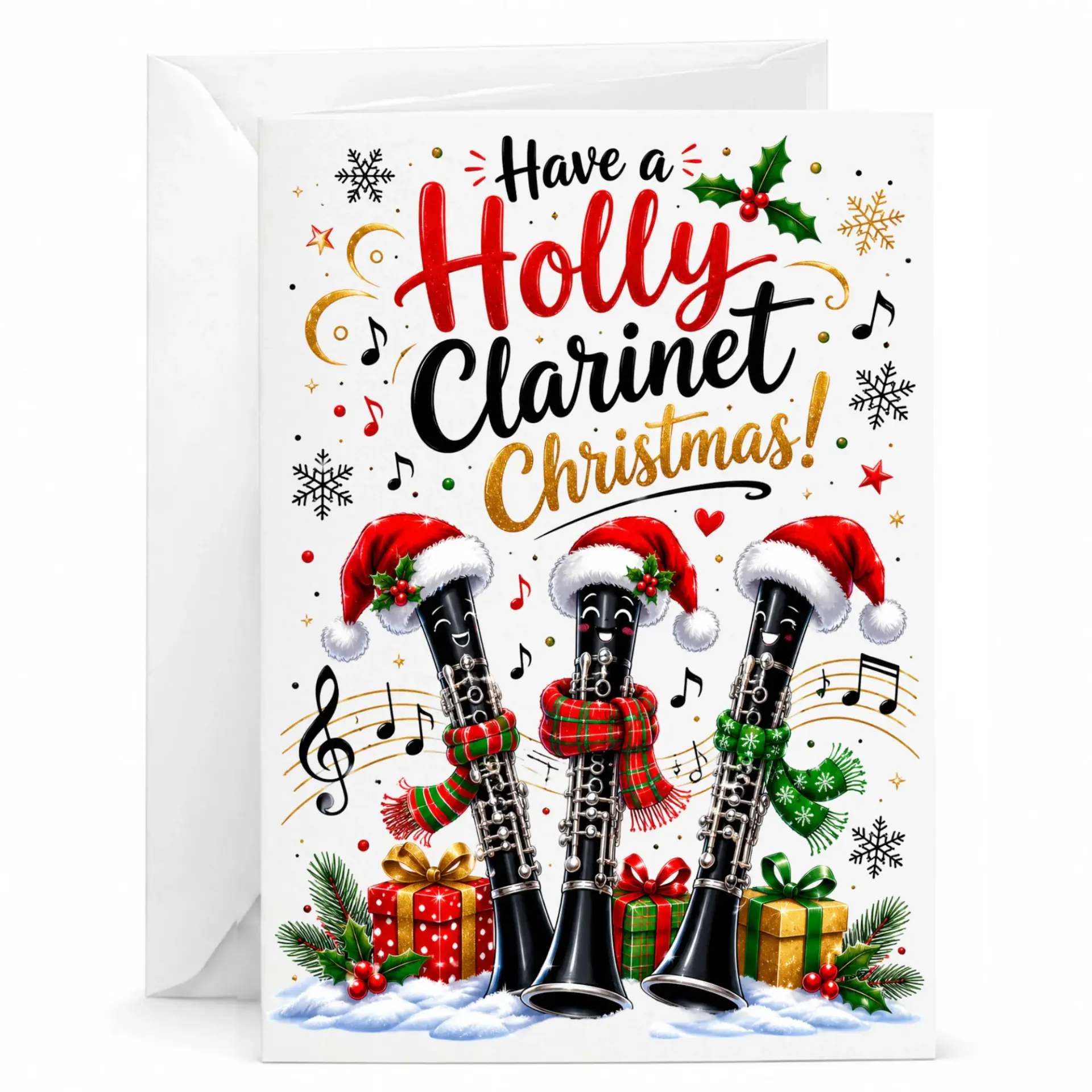 Funny Clarinet Christmas Card Musical Instrument Holiday Greeting for Musician Winter Seasonal Note with Envelope