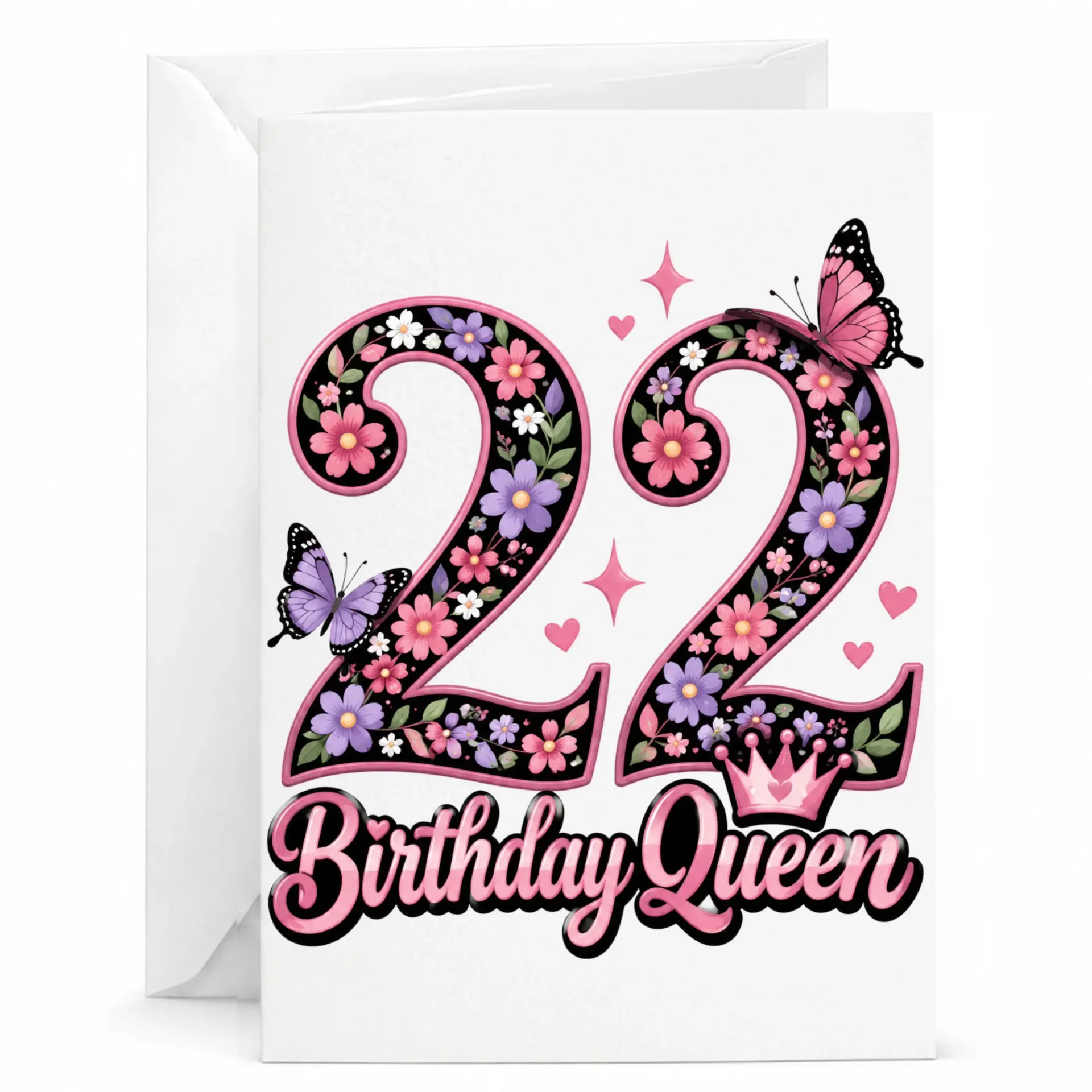 Birthday Card Number 22 Floral Butterfly Theme Greeting Card for Her with Envelope for Milestone Birthday Celebrations