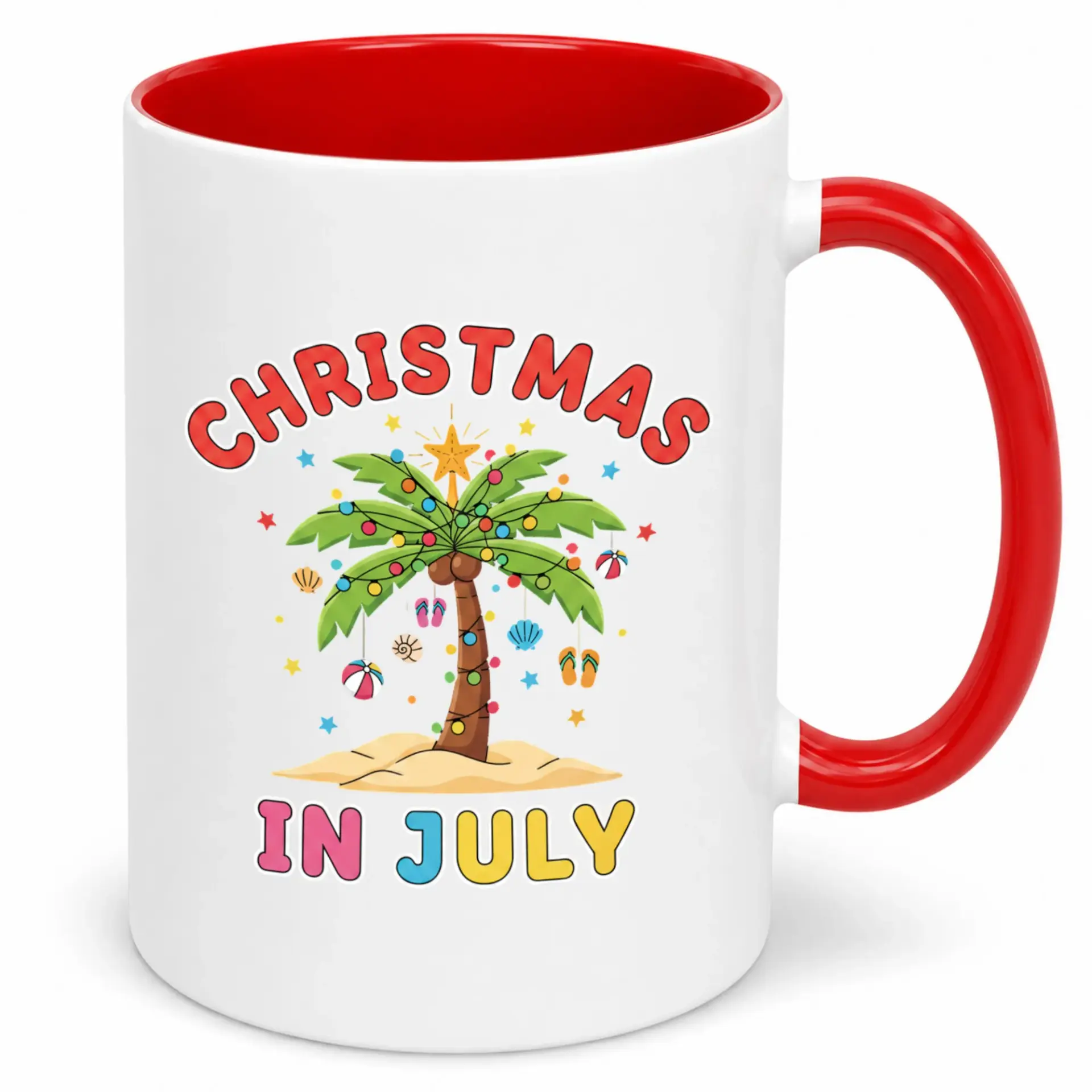 Funny Christmas in July Coffee Mug, Festive Tropical Holiday Ceramic Cup, Summer Beach Themed Hot Beverage Drinkware Gift
