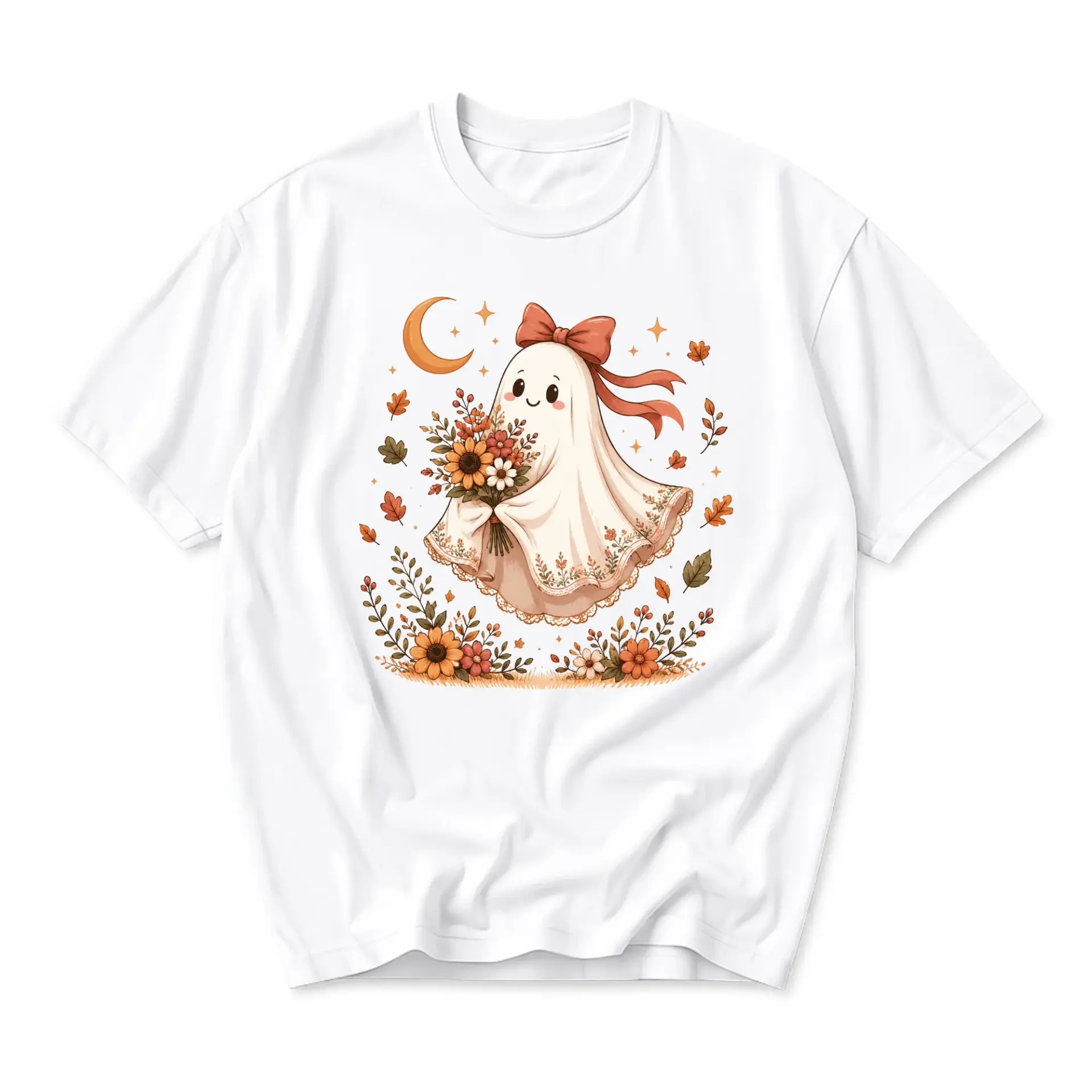 Graphic Tee Cute Ghost Wearing a Bow Holding Flowers Fall Autumn Inspired Design Unisex Casual Short Sleeve Shirt