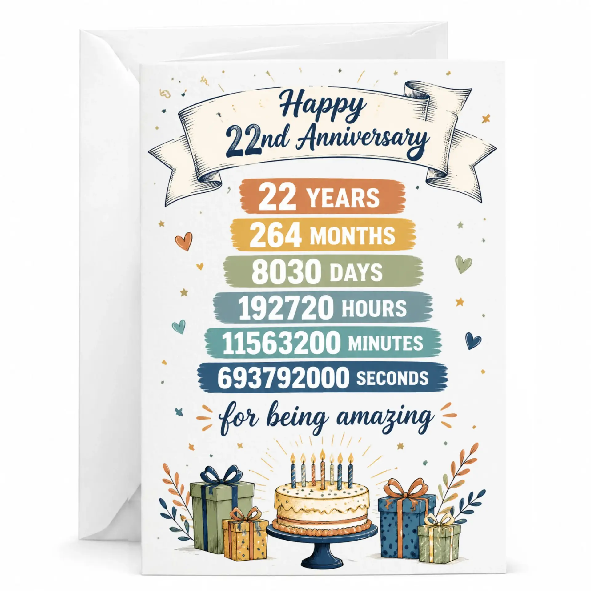 Happy 22nd Anniversary Greeting Card for Couple, Milestone Celebration Stationery with Birthday Cake Illustration