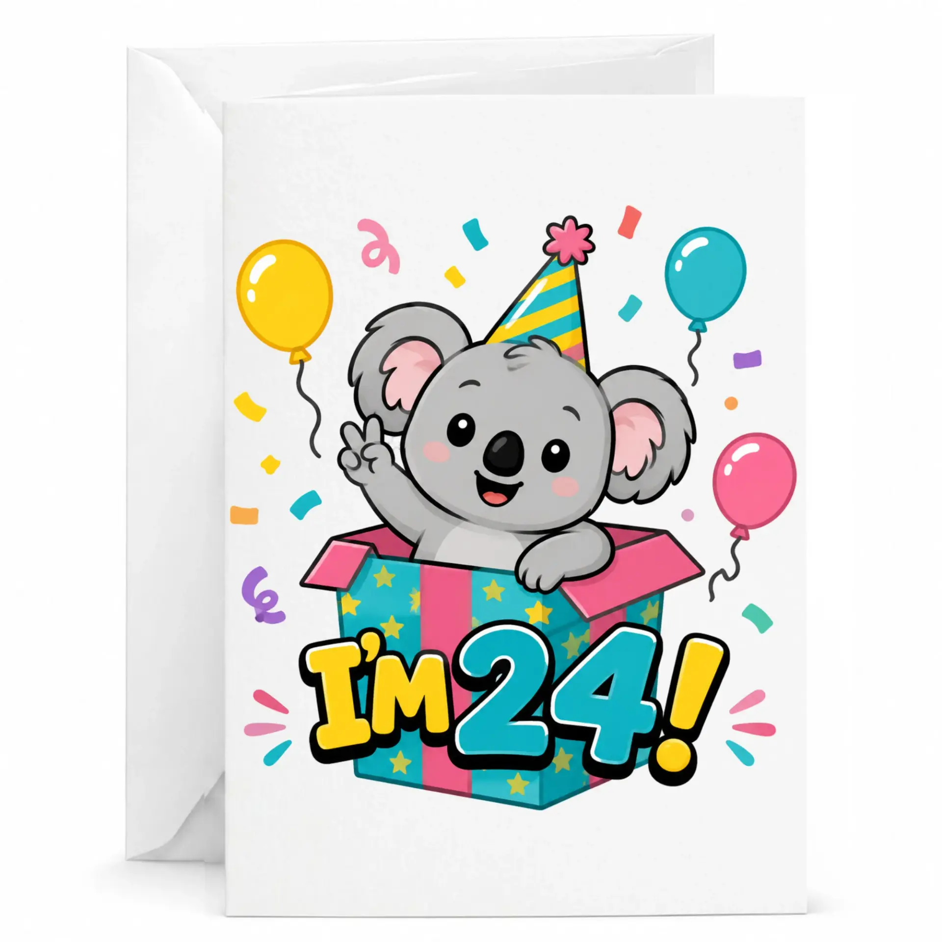 Birthday Card Funny Koala 24th Birthday Greeting Card Featuring Cute Animal in Gift Box with Colorful Balloons and Confetti