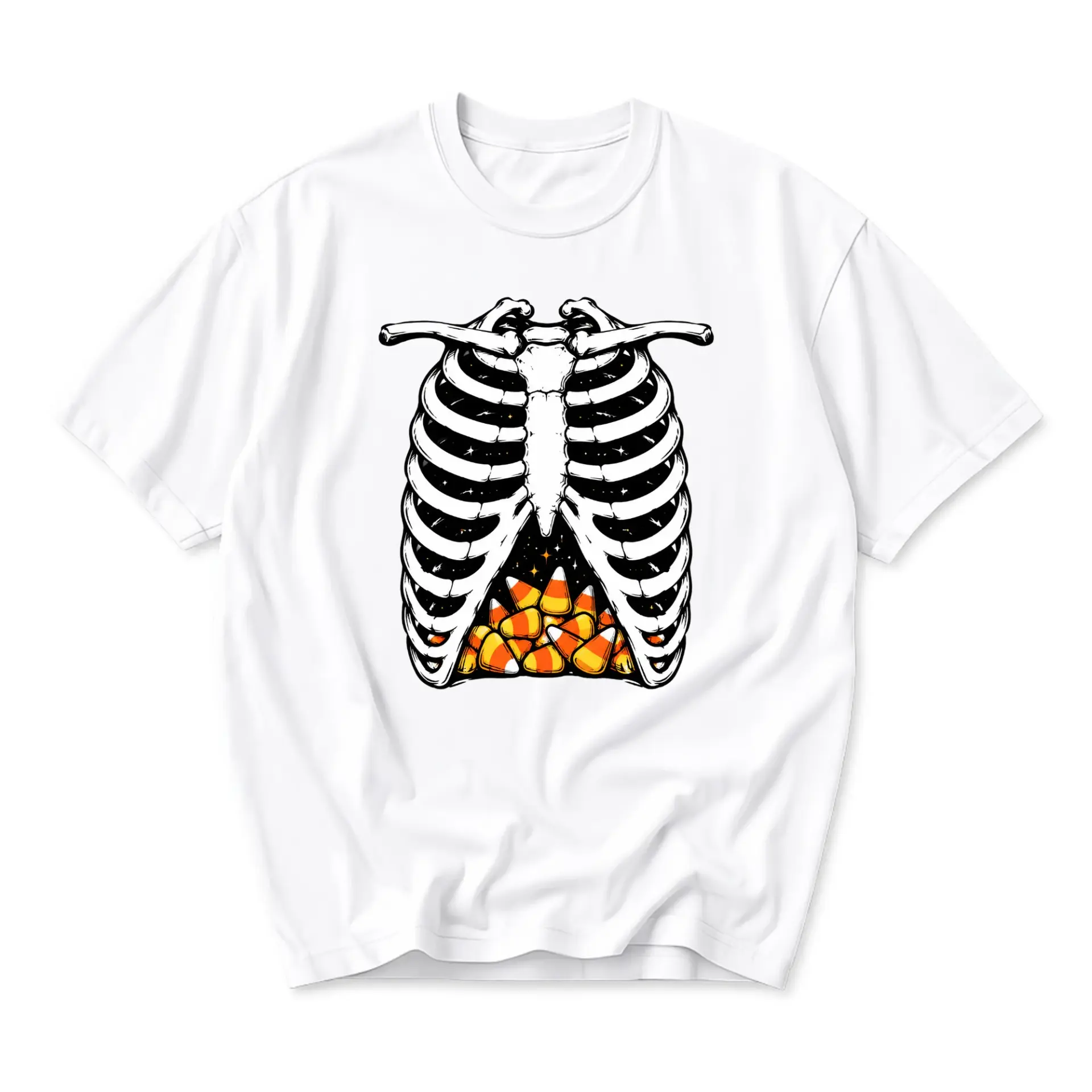 Graphic Tee Skeleton Rib Cage with Candy Corn Illustration Unisex Crew Neck Short Sleeve Casual Cotton T-Shirt