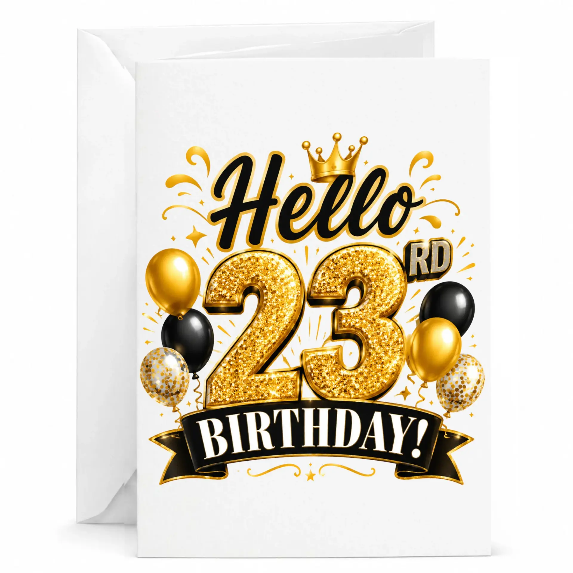 Greeting Card Hello 23rd Birthday with Gold and Black Balloons for Milestone Celebration and Elegant Party Occasion