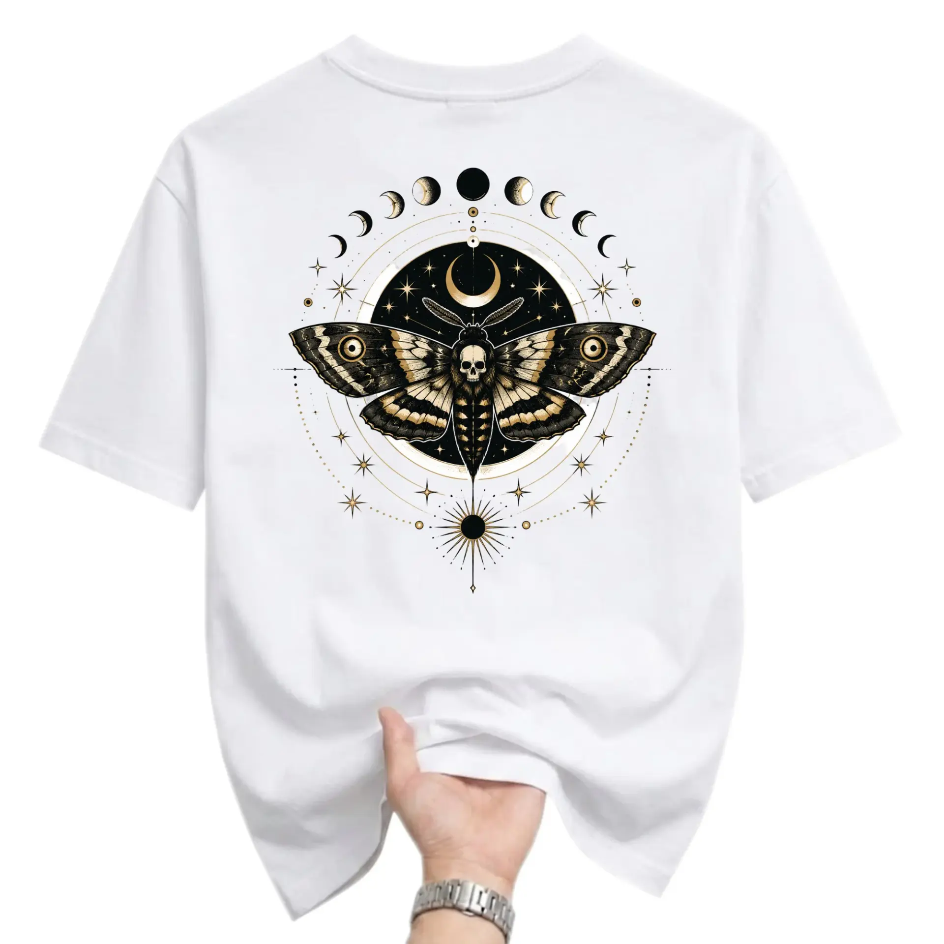 Graphic Tee Unisex Celestial Moth Skull T-Shirt Mystical Lunar Phases Short Sleeve Casual Cotton Blend Apparel